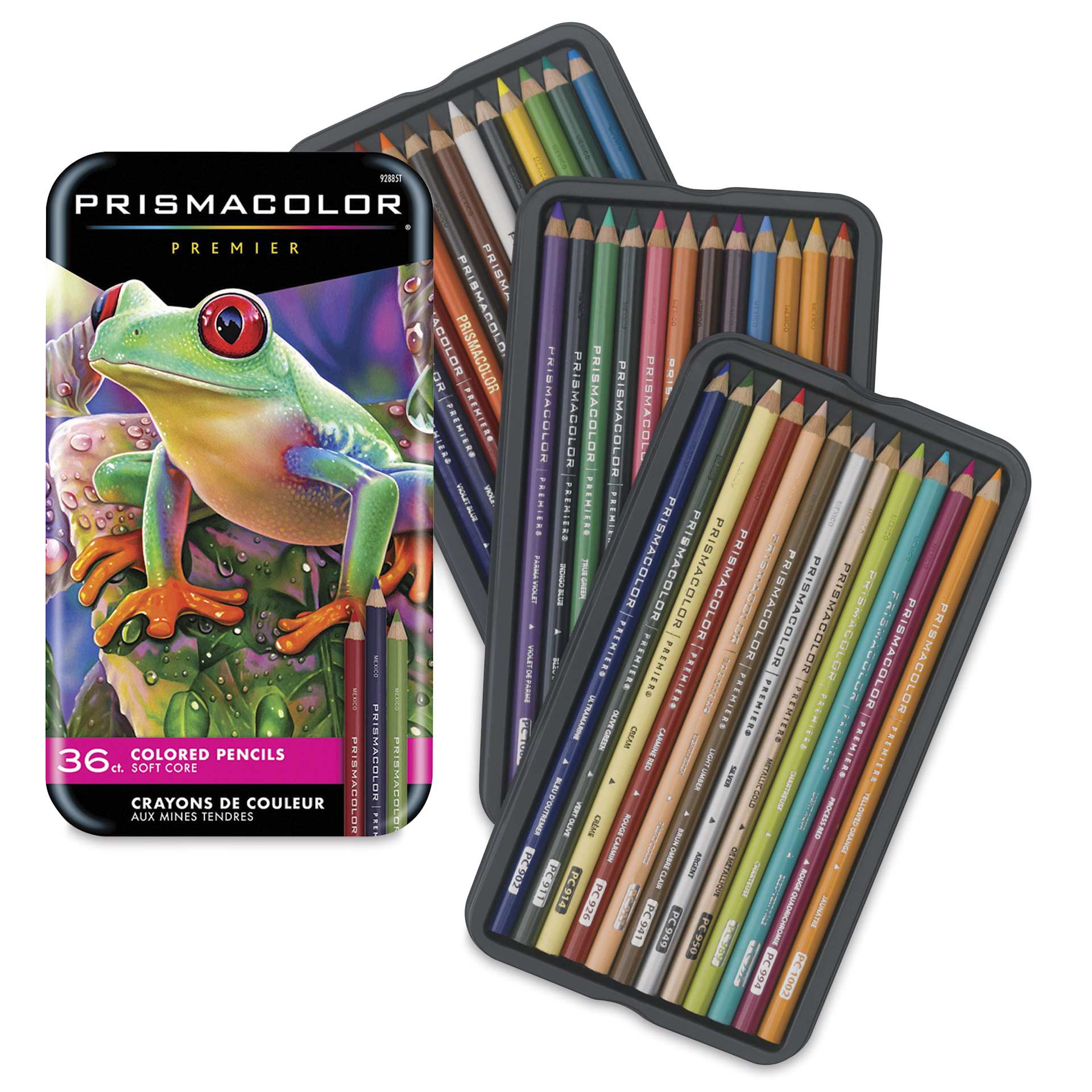 Prismacolor Premier Colored Pencils - Assorted Colors, Set of 12. Front and three inner pencil trays.