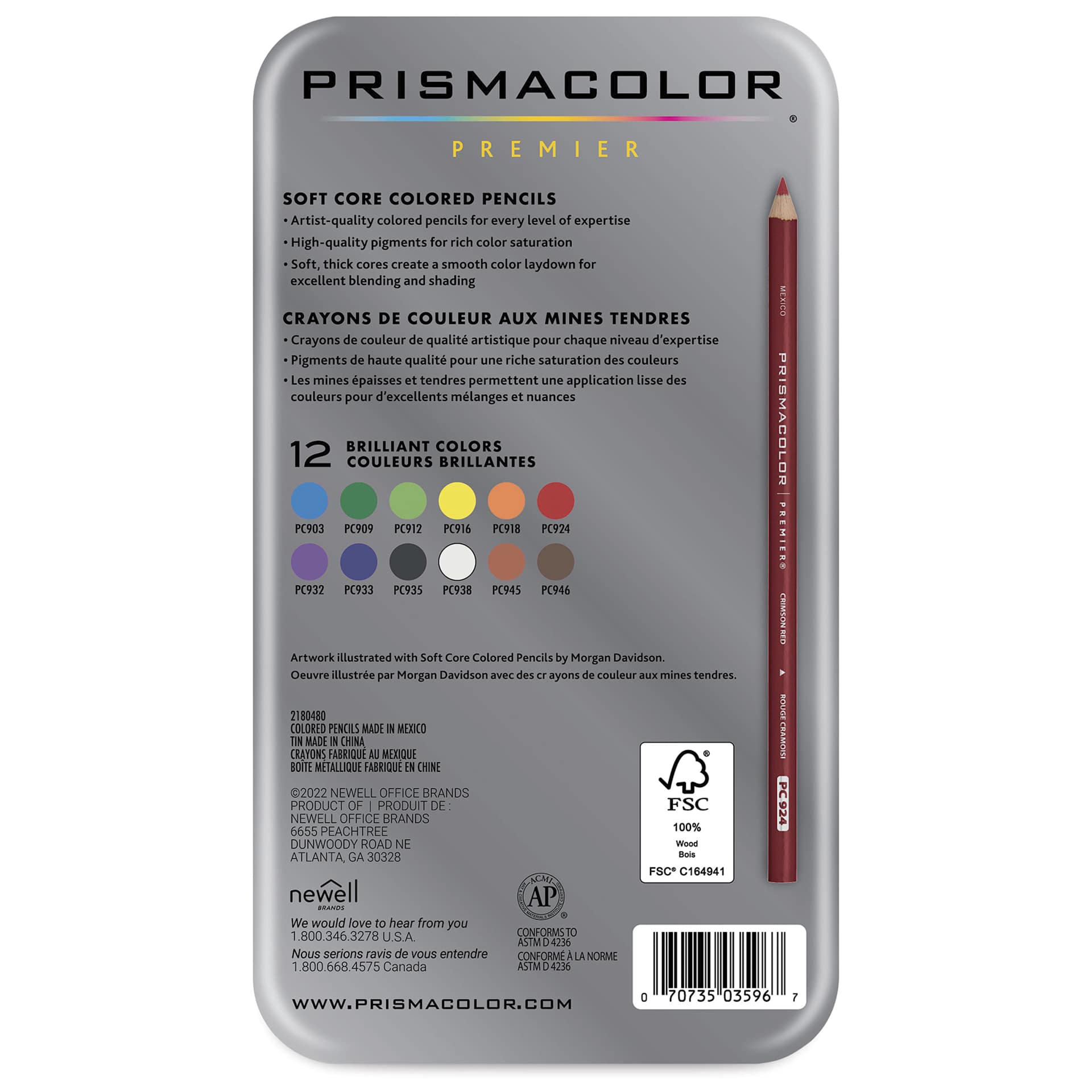 Prismacolor Premier Colored Pencils - Set of 12, Assorted Colors, back of the packaging
