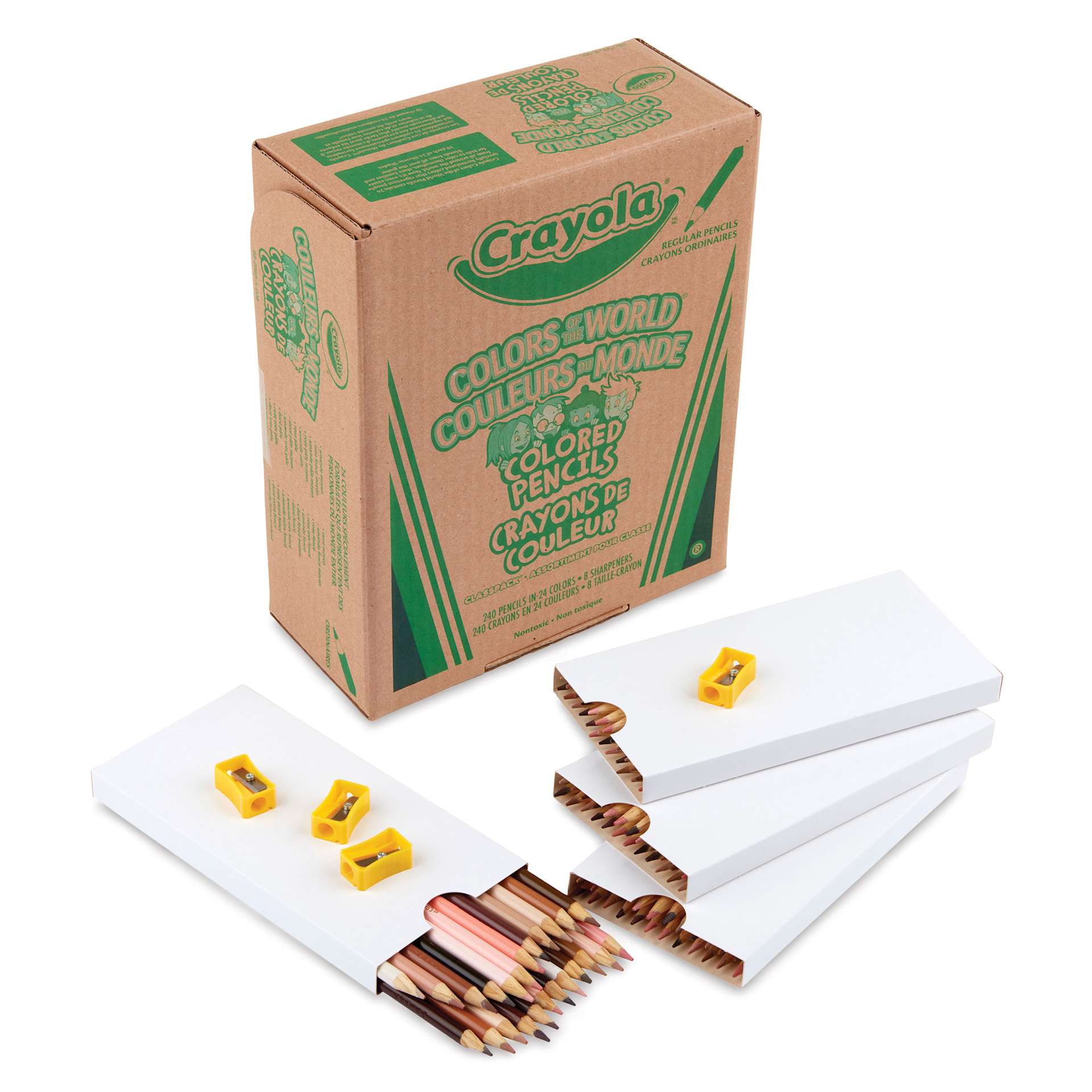 Crayola Colors of the World Pencils - Classpack of 240, contents laid out in front of the box