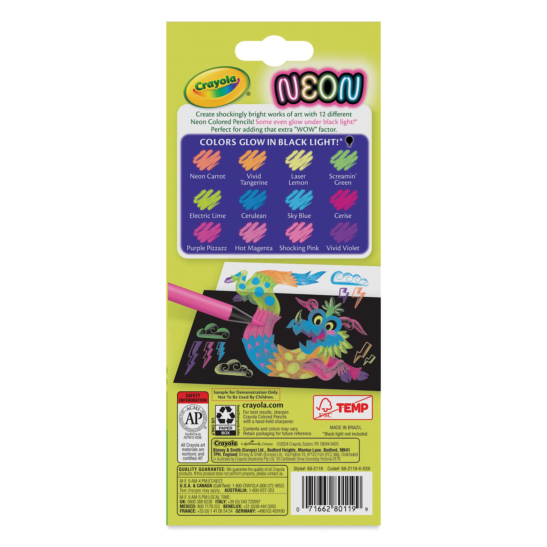Crayola Colored Pencils - Neon Colors, Set of 12, back of the packaging