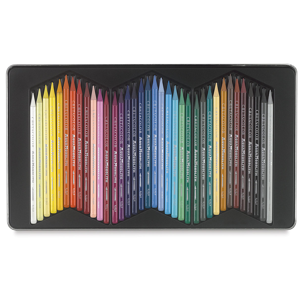 Cretacolor Woodless Watercolor Pencils, Set of 36 shown open in tray 