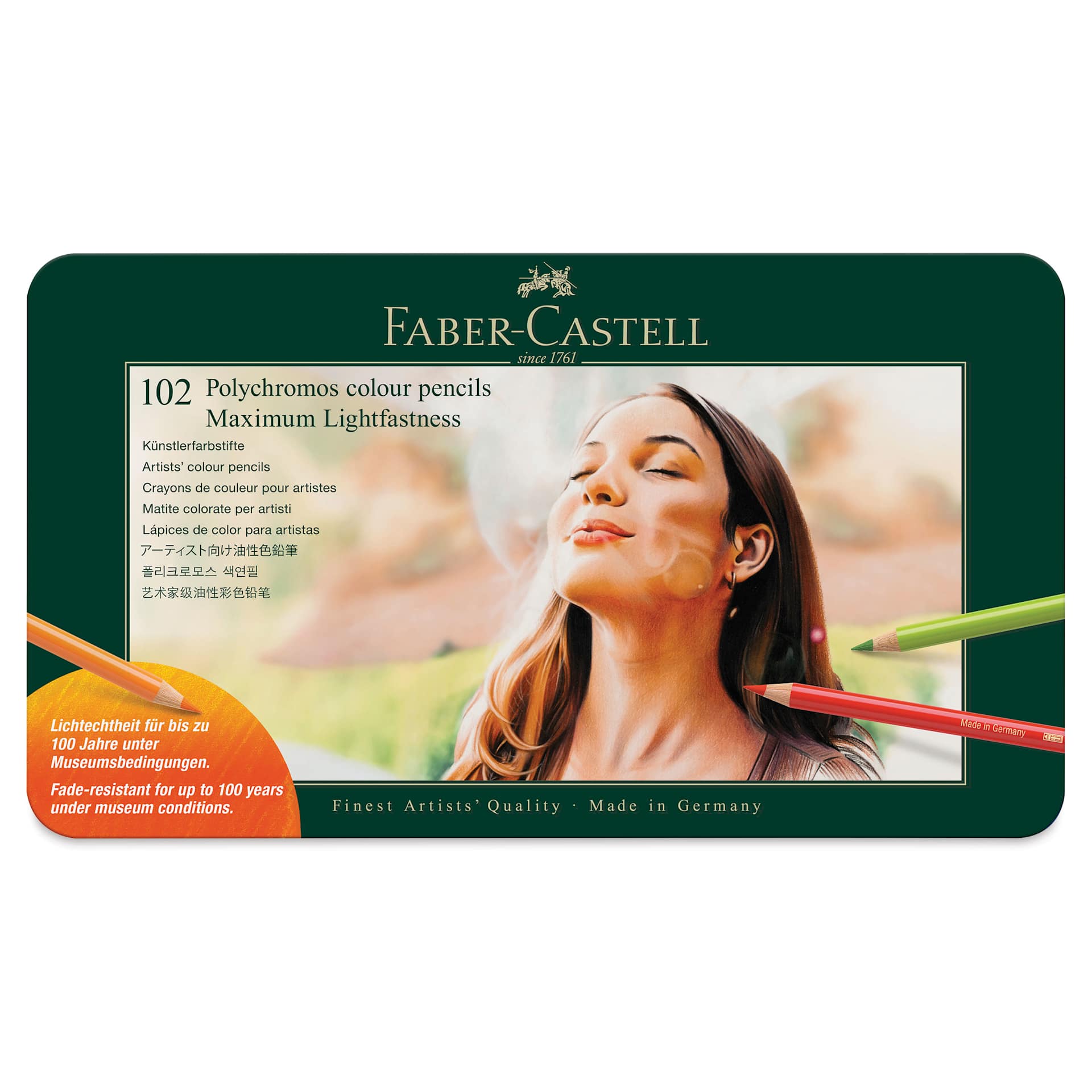 Faber-Castell Polychromos Pencil Set - Set of 102, Maximum Lightfastness, Assorted Colors, front of packaging