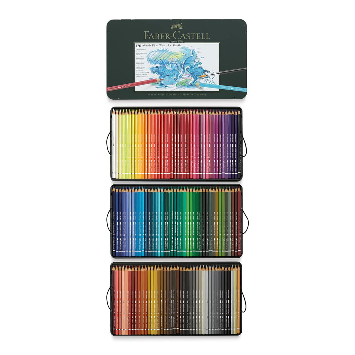 Faber-Castell Albrecht Durer Watercolor Pencils -  Set of 120 (front of package with contents)