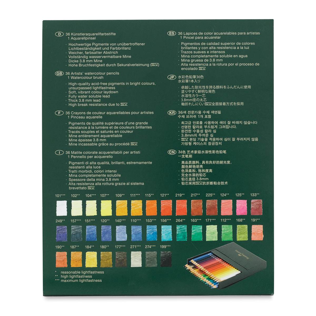 Faber-Castell Albrecht Durer Watercolor Pencils - Gift Box , Set of 36 (back of package)