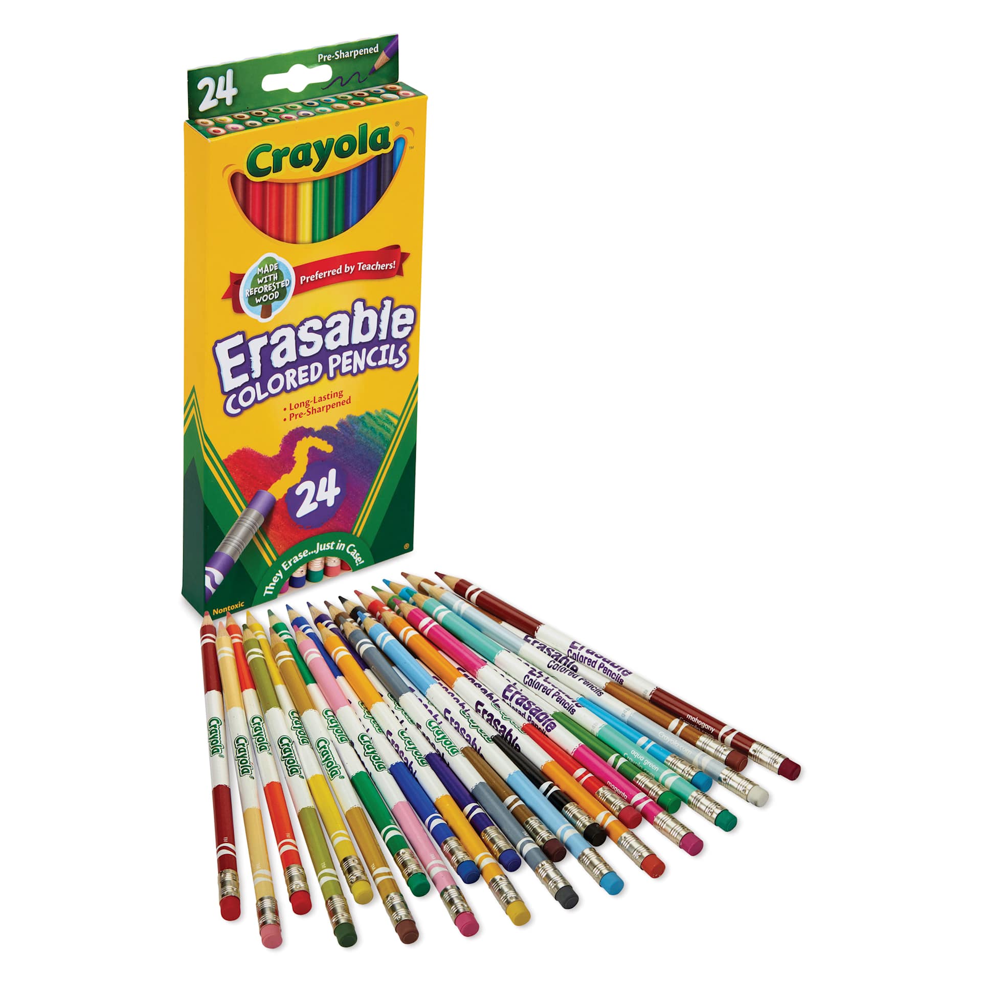 Crayola Erasable Colored Pencils - Assorted Colors, Set of 24 - packaging with pencils laid out in front