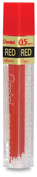 Pentel Hi-Polymer Colored Leads - Tube of 12 red leads shown upright Pentel Hi-Polymer Colored Leads - Tube of 12 red leads shown upright