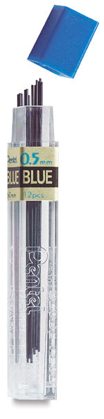 Pentel Hi-Polymer Colored Leads - Tube of 12 blue leads shown upright with cap removed Pentel Hi-Polymer Colored Leads - Tube of 12 blue leads shown upright with cap removed
