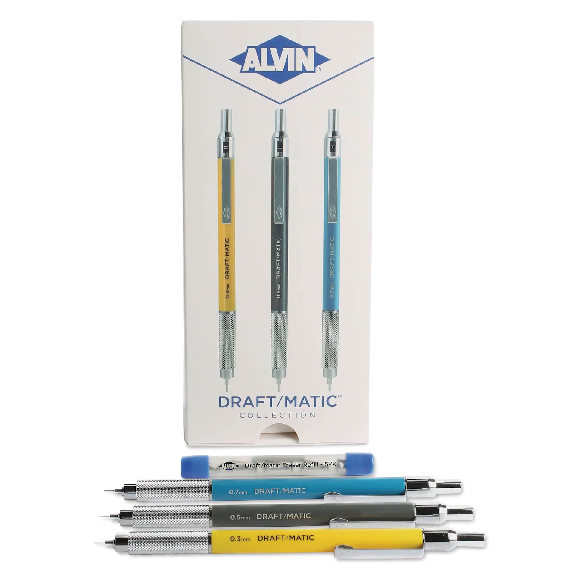 Alvin Draft/Matic Drafting Pencils - Set of 3, pencils and refills in front of packaging