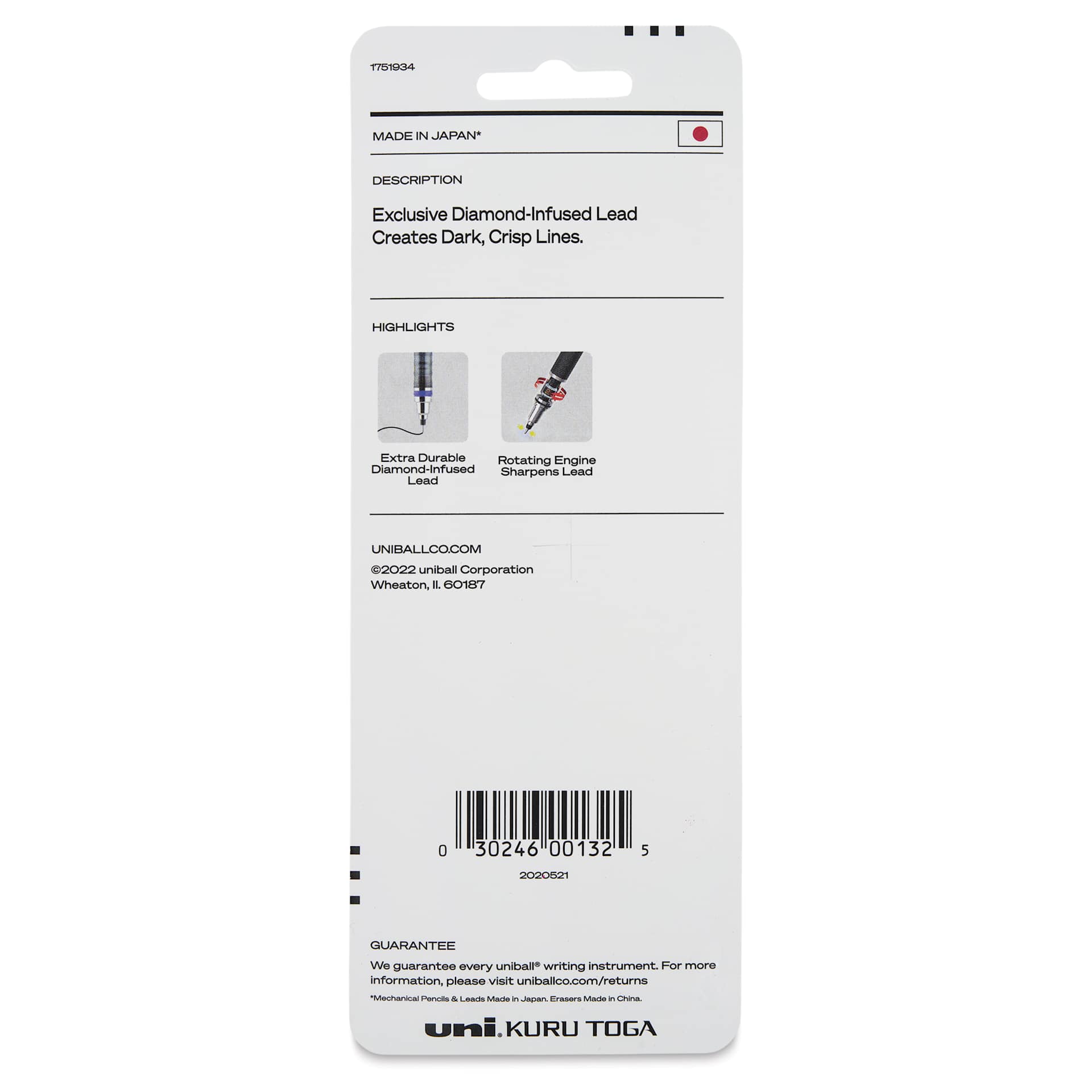 Uni-Ball Kuru Toga Mechanical Pencil Set - 0.5 mm, back of the packaging
