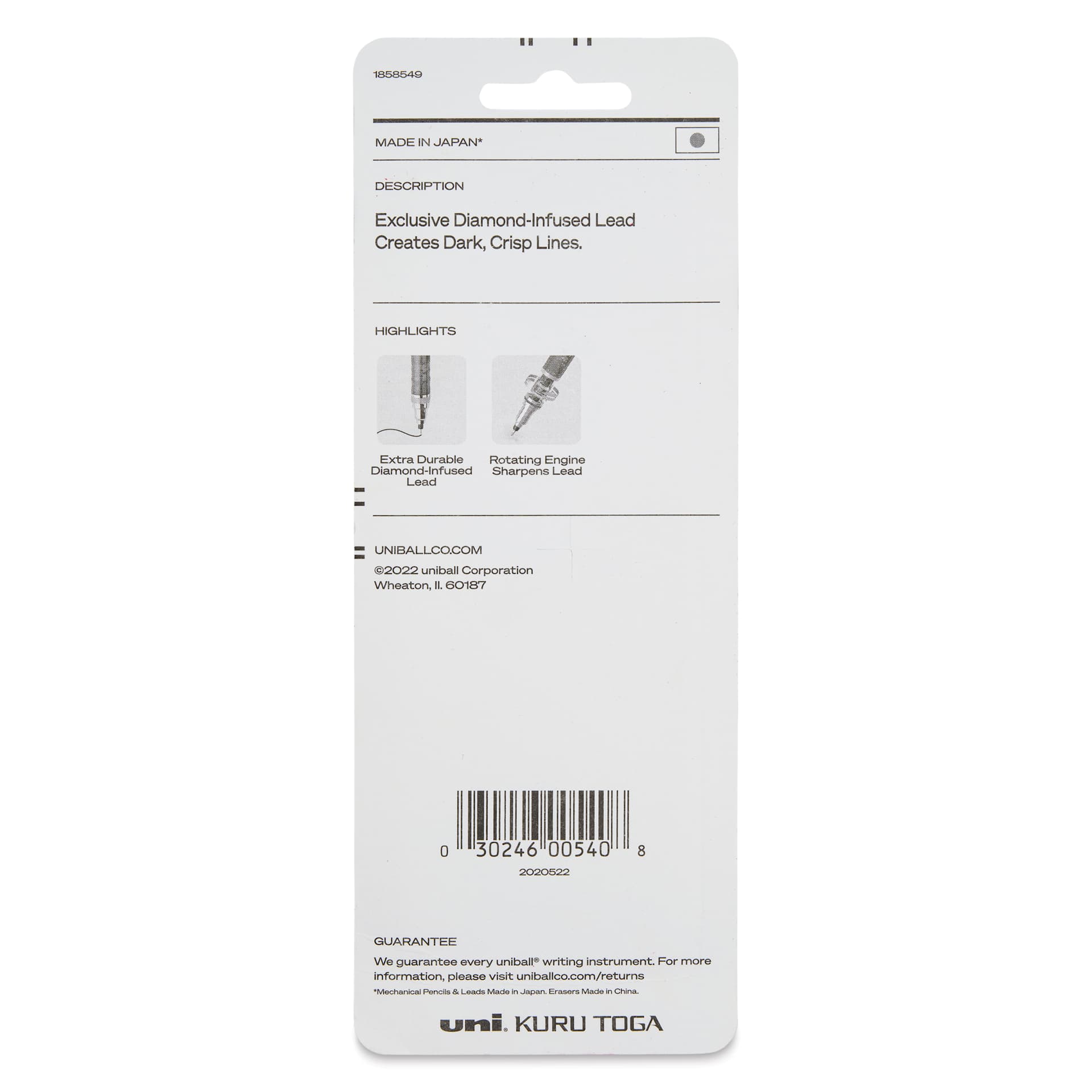 Uni-Ball Kuru Toga Mechanical Pencil Set - Green, HB, 0.7 mm, back of the packaging