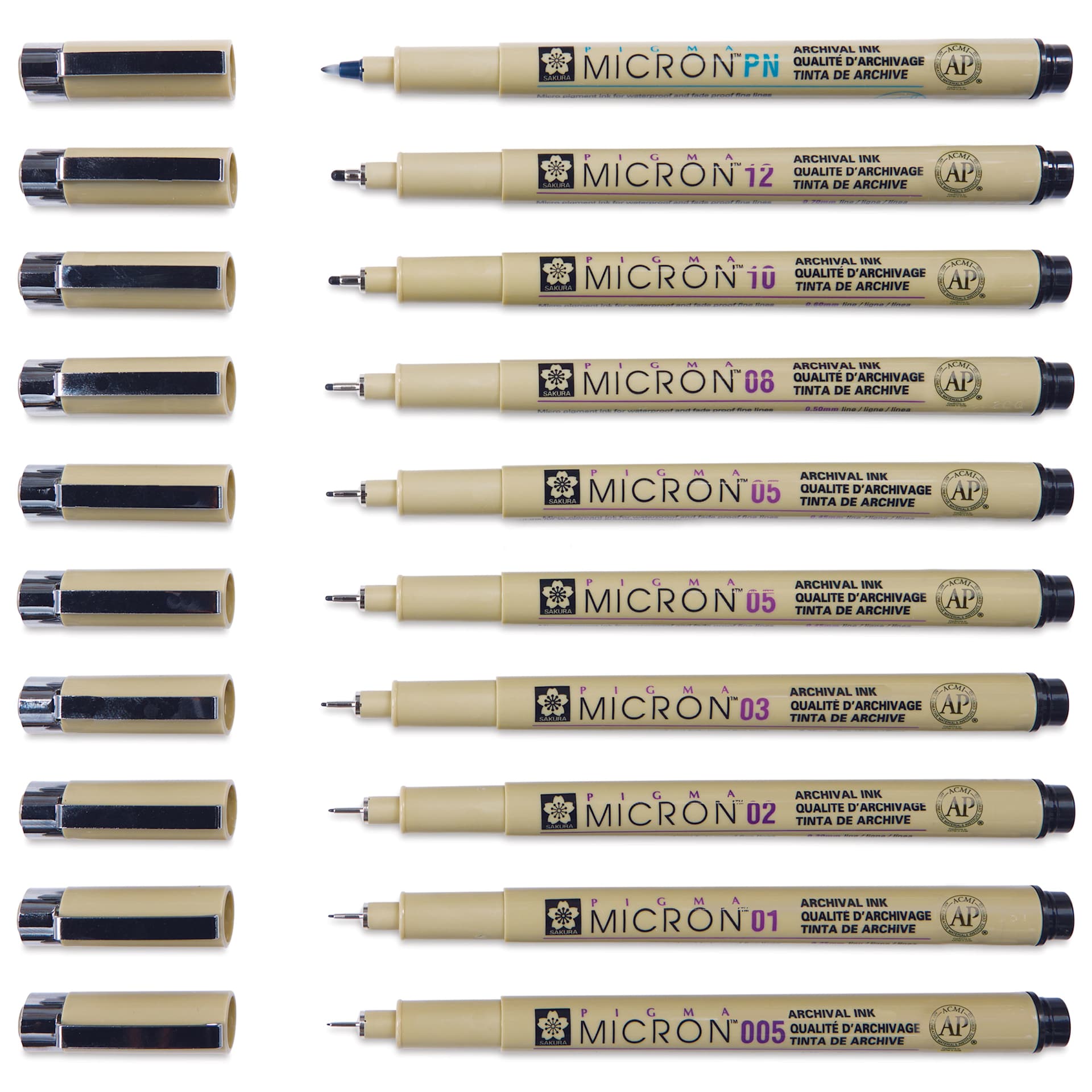 Sakura Pigma Micron Pens - Blick Exclusive! Customer Favorites, Set of 10, Black, Assorted Sizes - with caps off