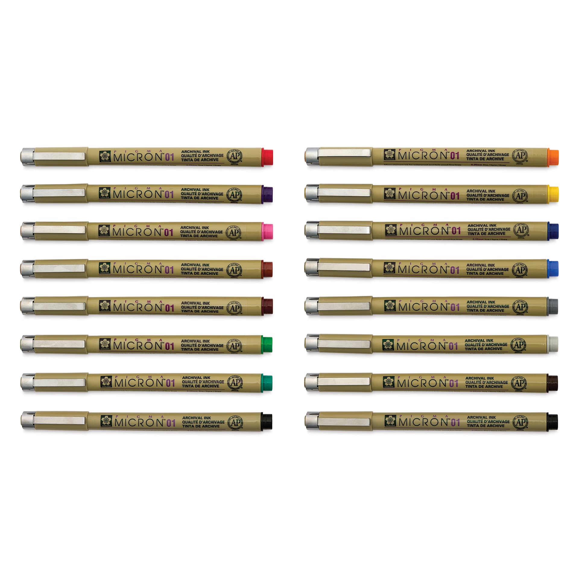 Sakura Pigma Micron Pen - Cube Set of 16, Assorted, 01, pens laid out