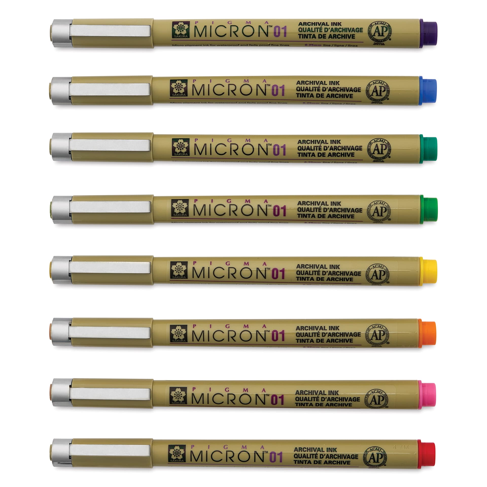 Sakura Pigma Micron Pen - Set of 8, Rainbow, 01, pens laid out