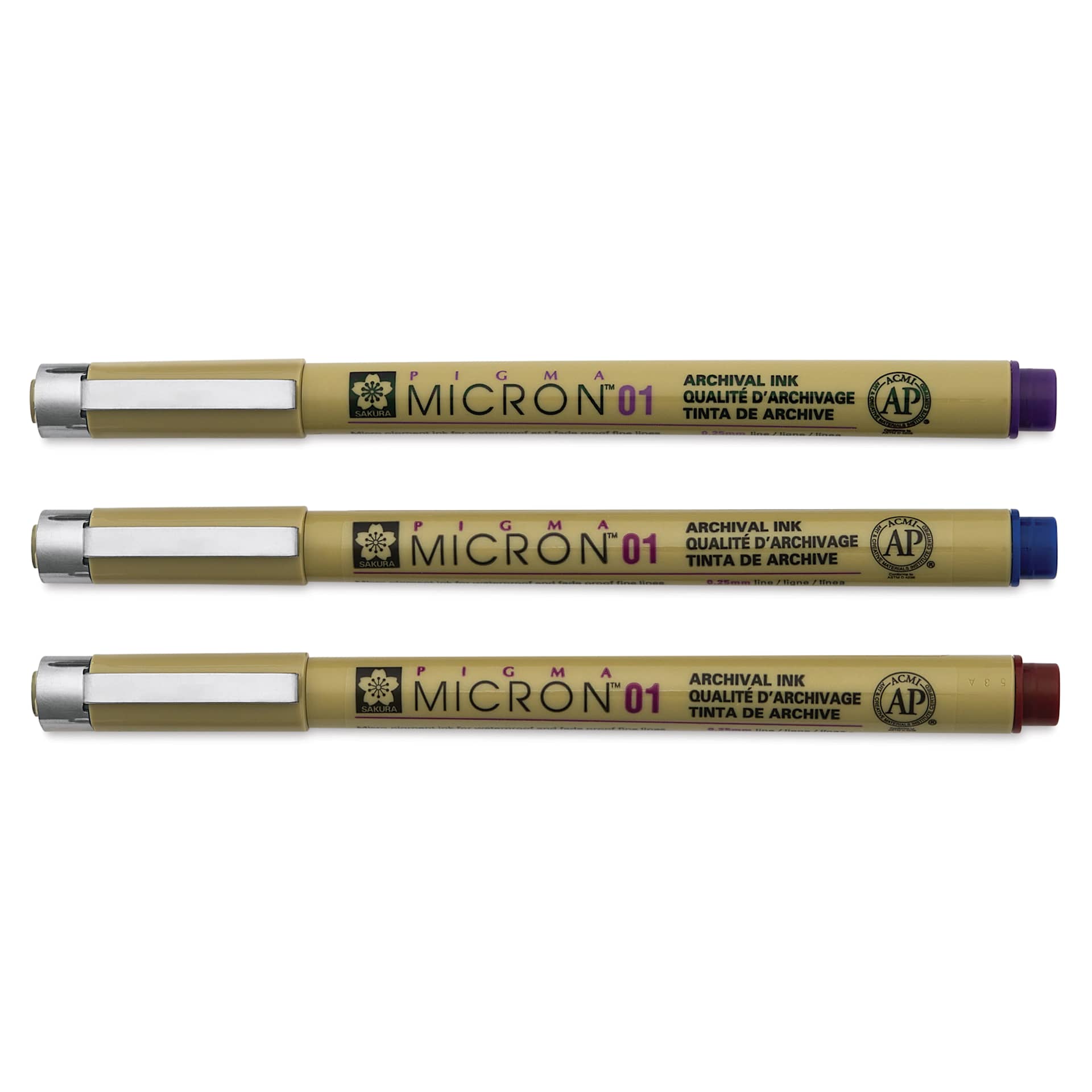 Sakura Pigma Micron Pen - Set of 3, Berry, 01, pens laid out