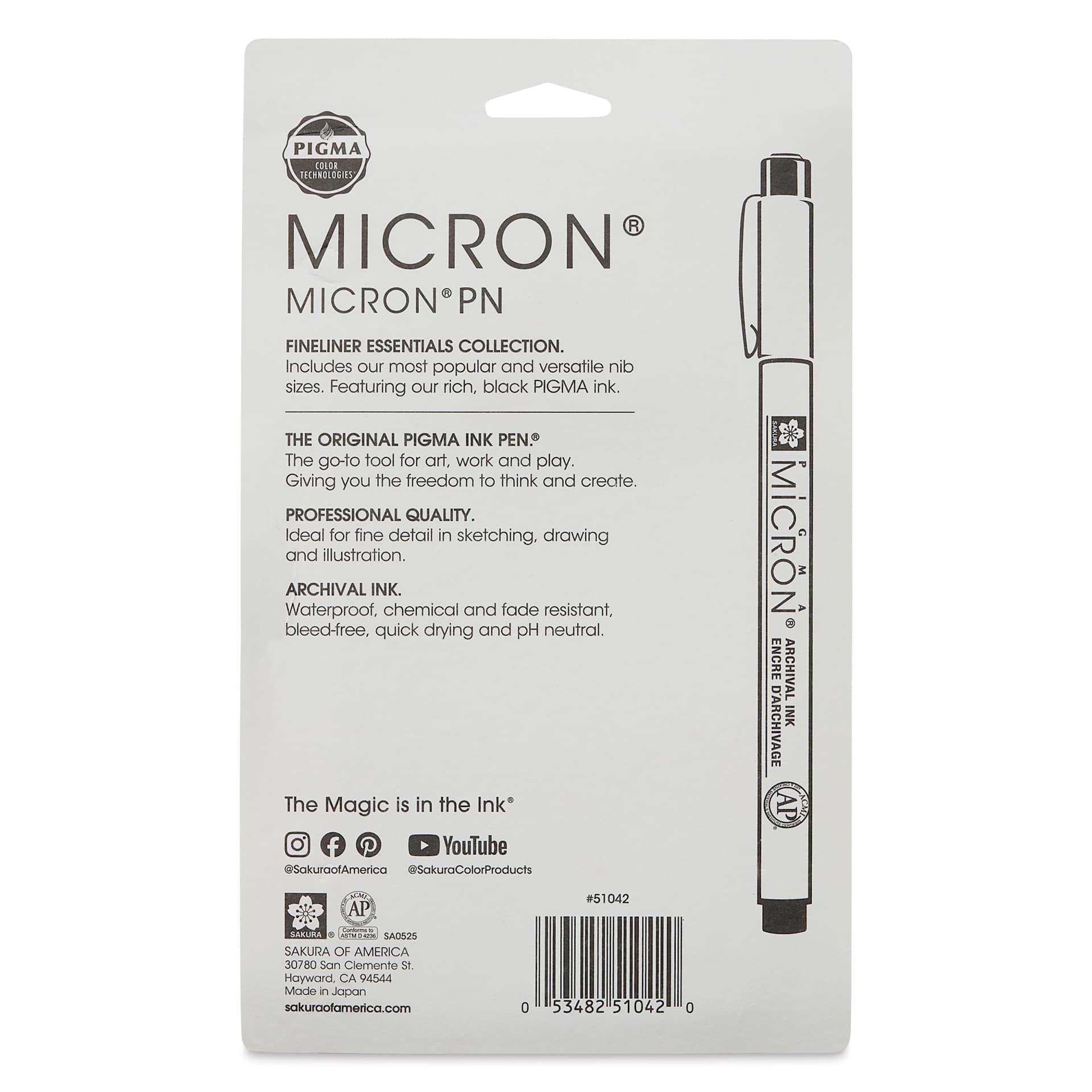 Sakura Pigma Micron Pens - Blick Exclusive! Fineliner Essentials Set of 6, back of packaging