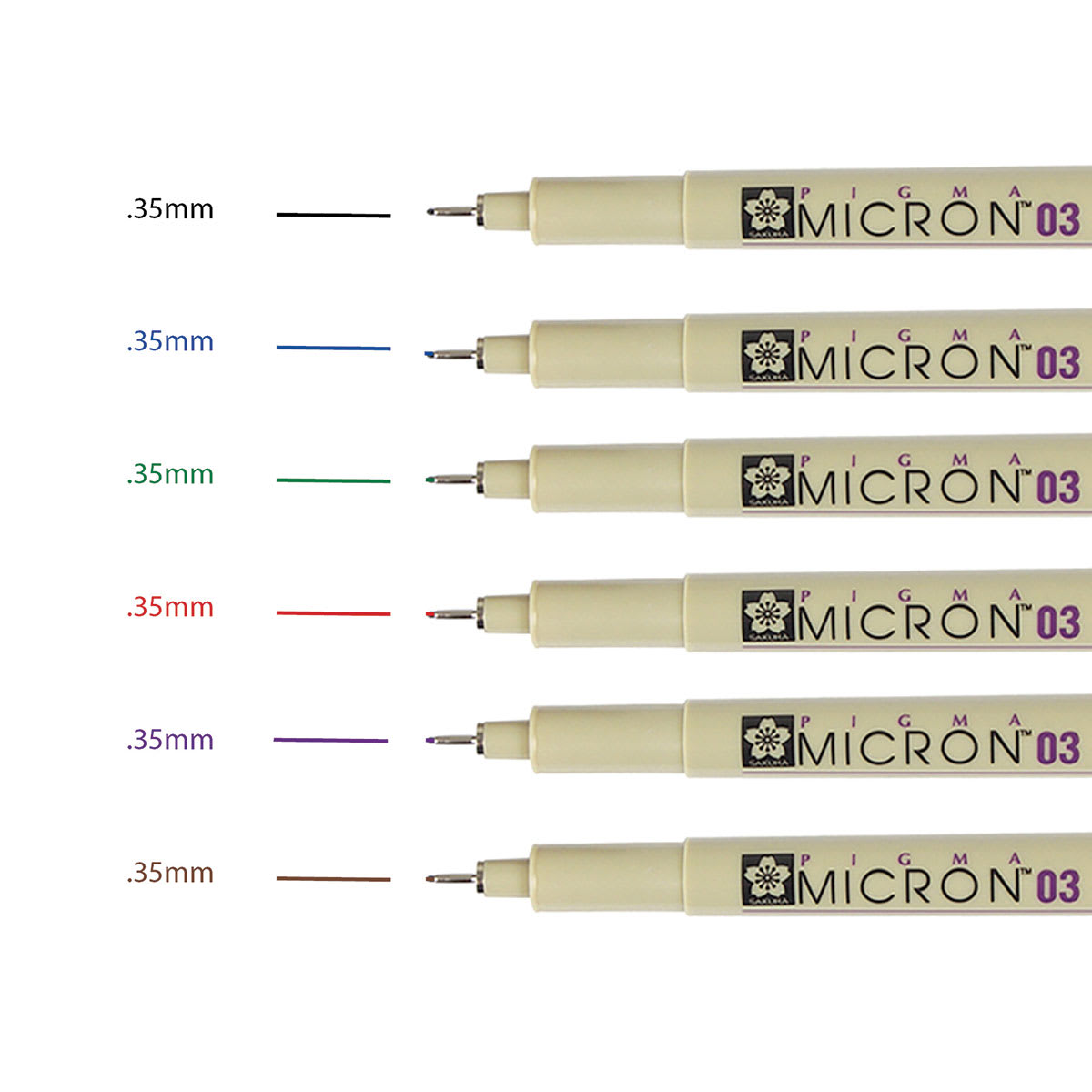 Sakura Pigma Micron Pens - Set of 6, Assorted Colors, 03 (tips of pen with color swatch)
