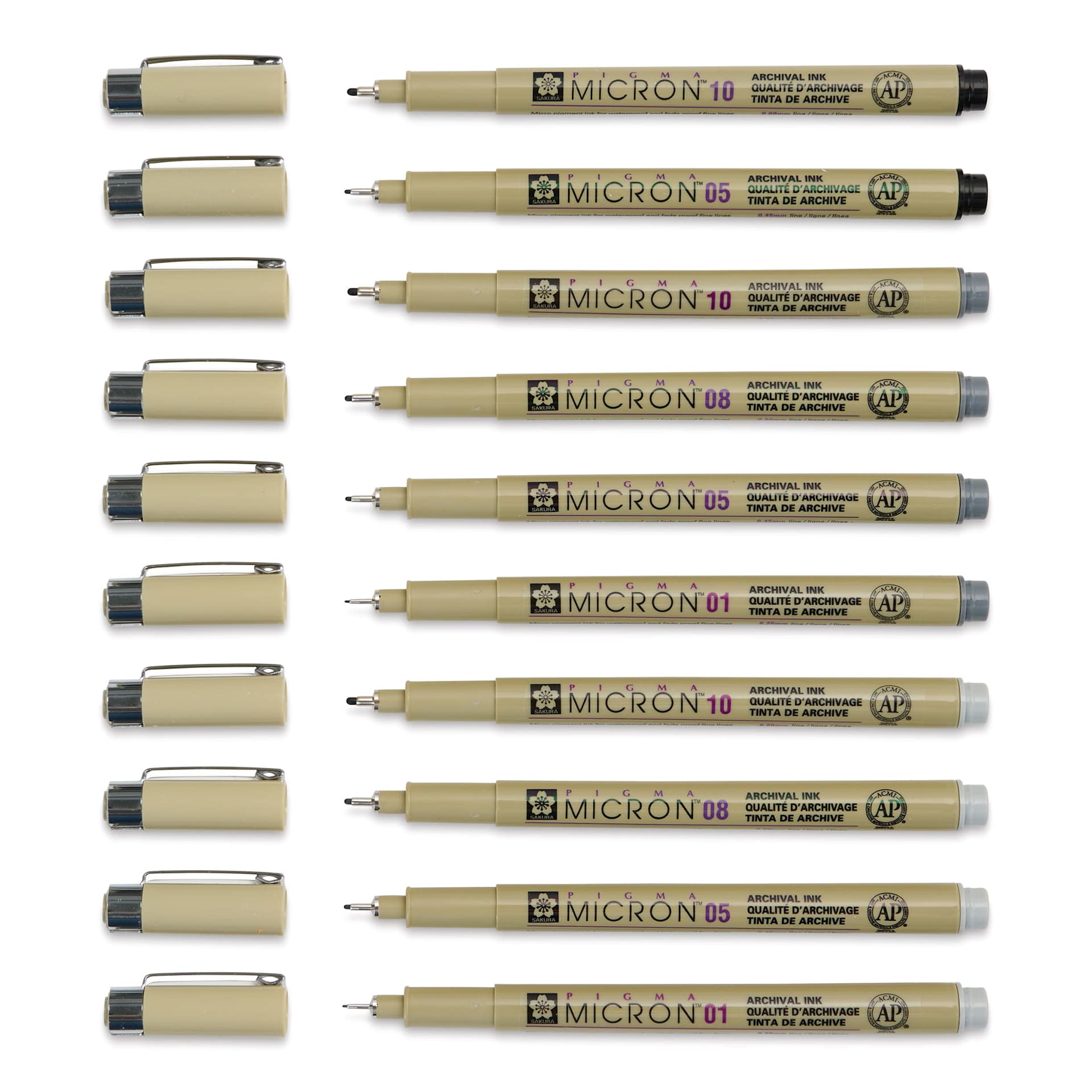 Sakura Pigma Micron Pens - Grays and Black, Set of 10 (contents with the caps off)