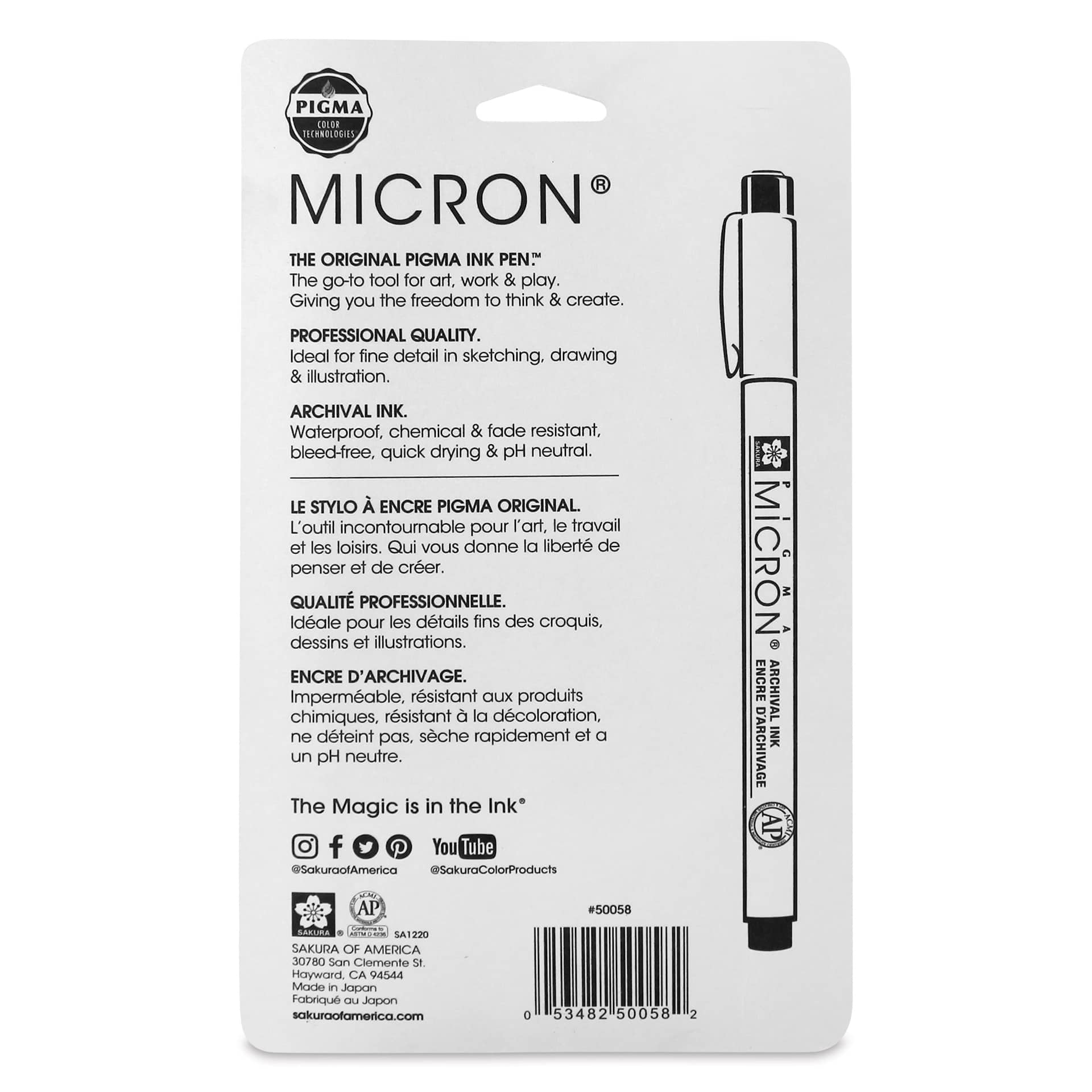 Sakura Pigma Micron Pens - Set of 6, Black, Fine and Bold Sizes, back of packaging