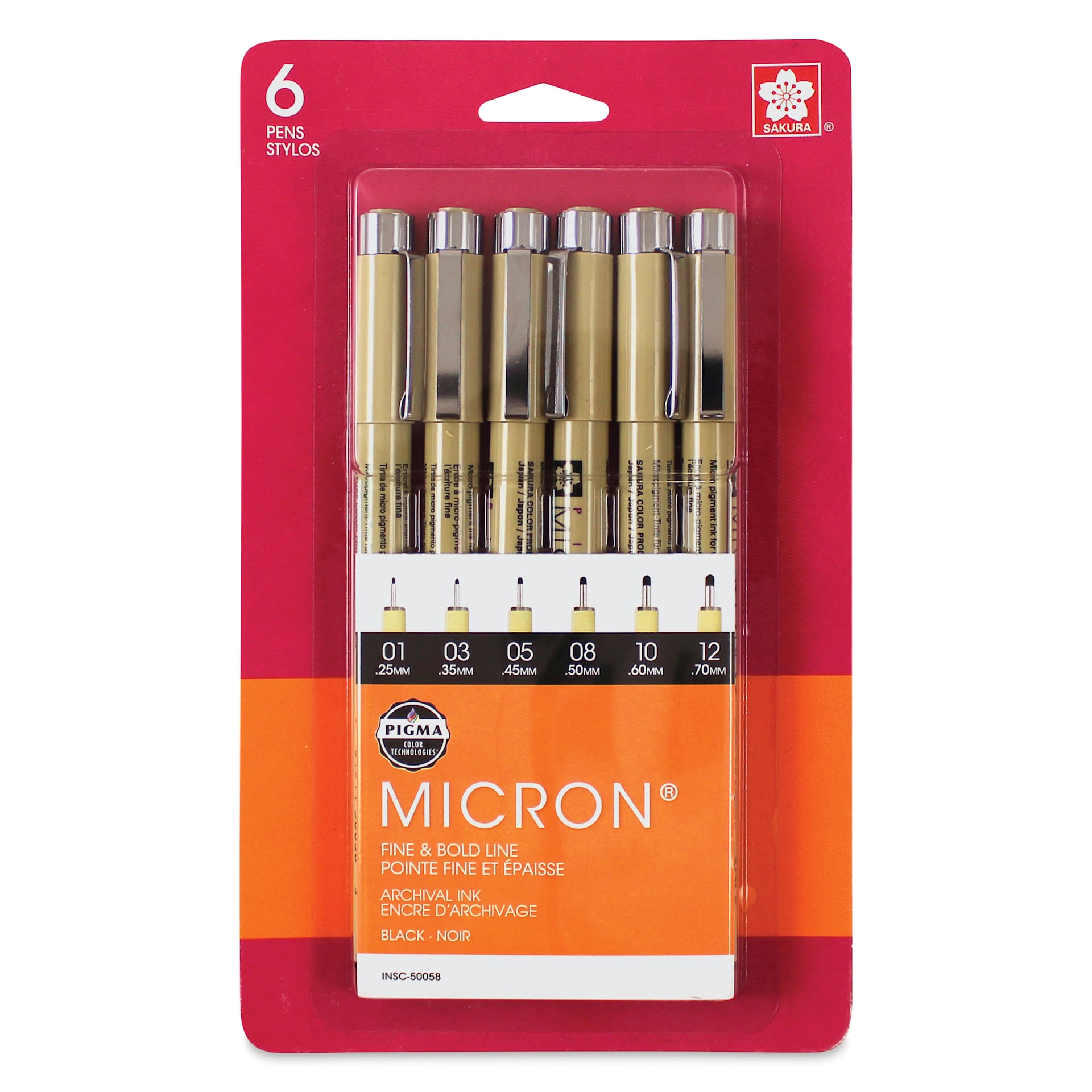Sakura Pigma Micron Pens - Set of 6, Black, Fine and Bold Sizes, packaging