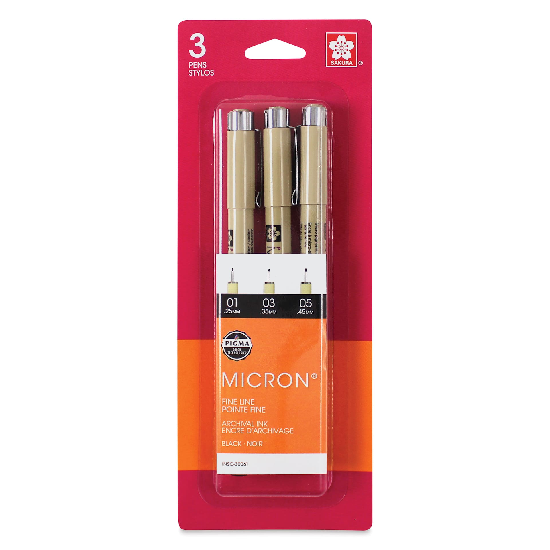 Sakura Pigma Micron Pens - Set of 3, Black, Fine Sizes, packaging