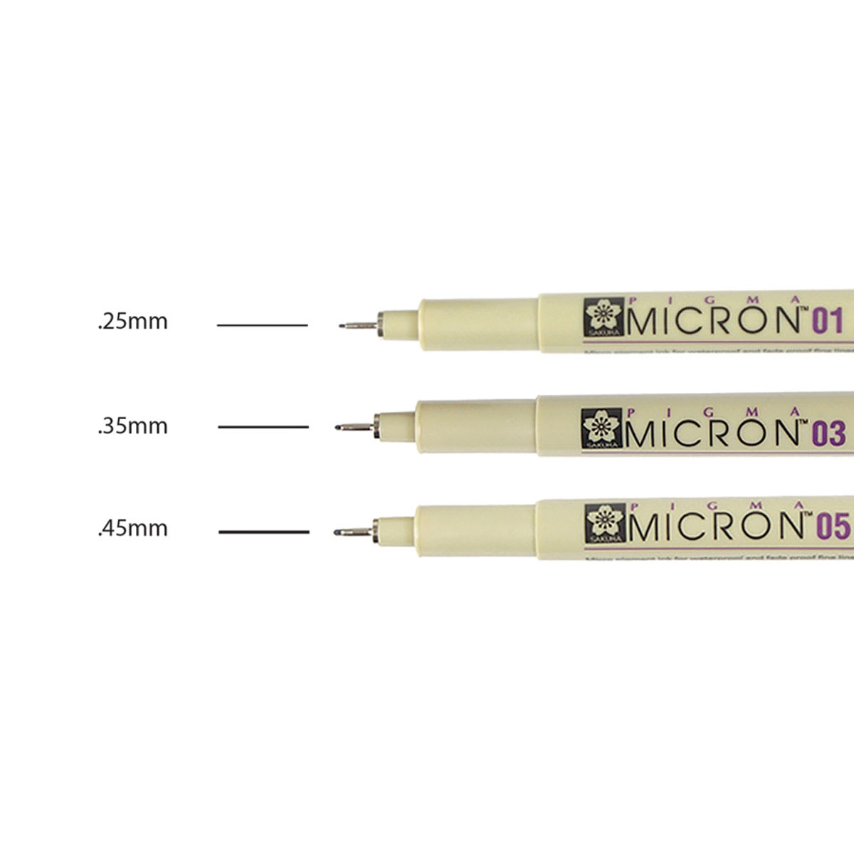 Sakura Pigma Micron Pens - Set of 3, Black, 01, 03, 05 (pens with color swatches)