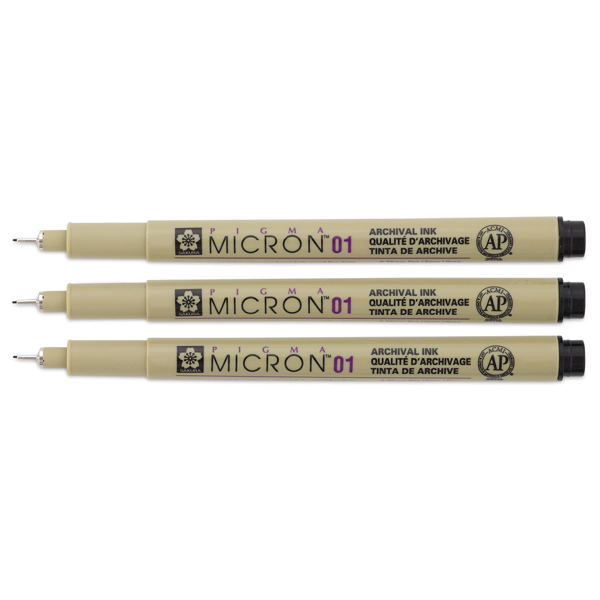 Sakura Pigma Micron Pens - Set of 3, Black, 01, caps off