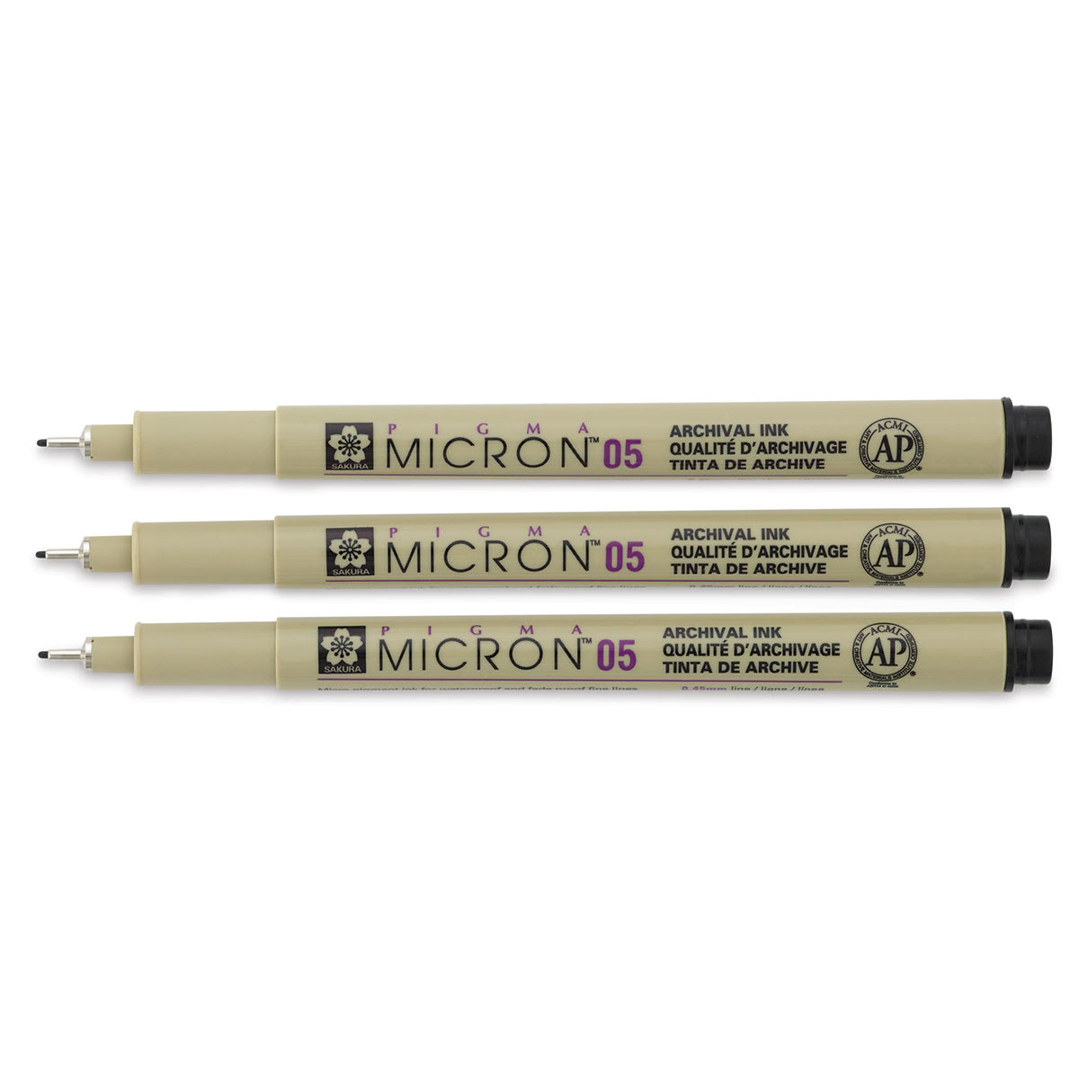 Sakura Pigma Micron Pens - Set of 3, Black, 05 (set contents with caps off)