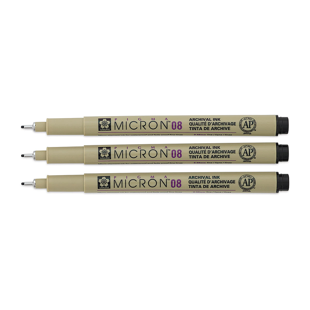 Sakura Pigma Micron Pens - Set of 3, Black, 08, caps off