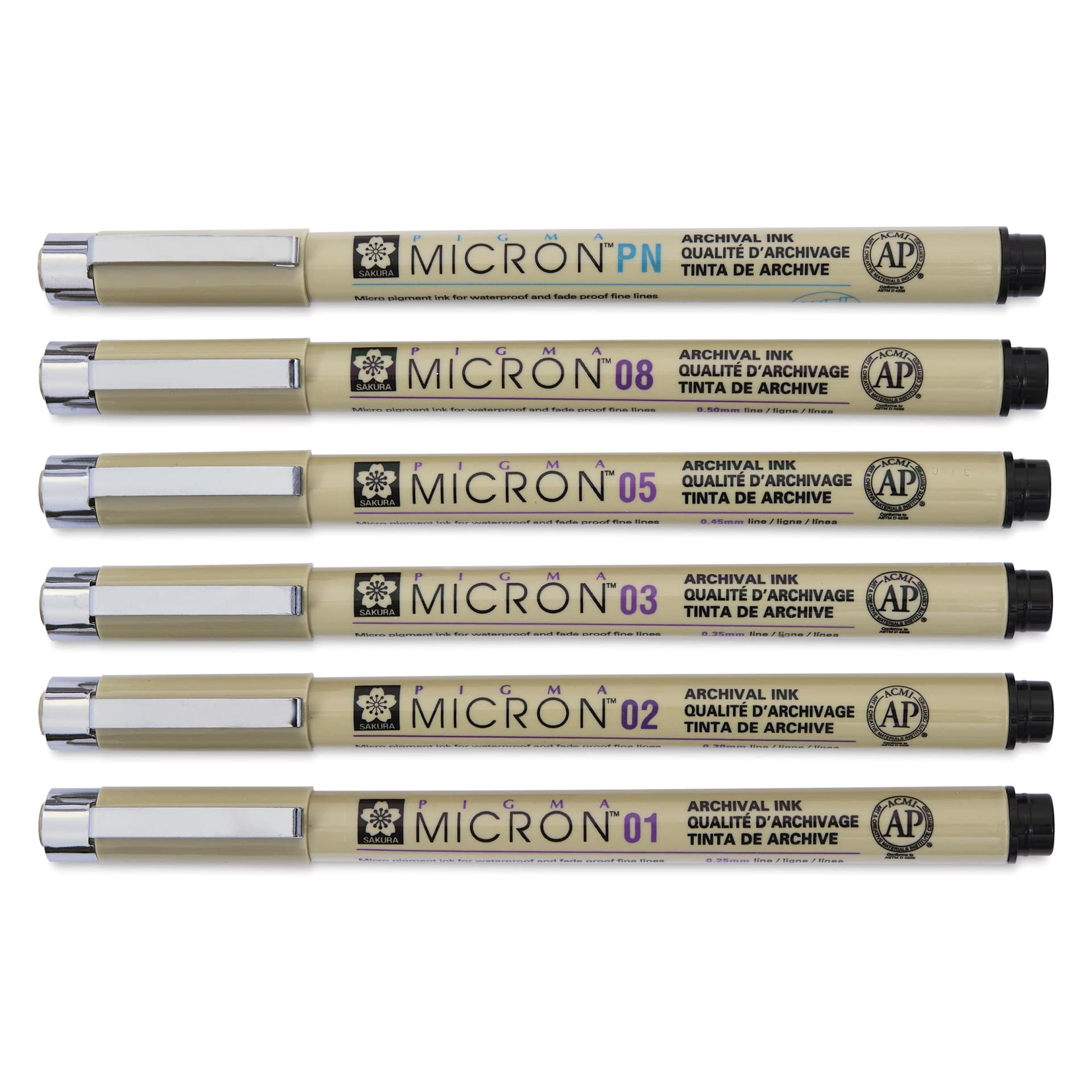 Sakura Pigma Micron Pens - Set of 72, Black, Assorted Sizes, size pens with cap on
