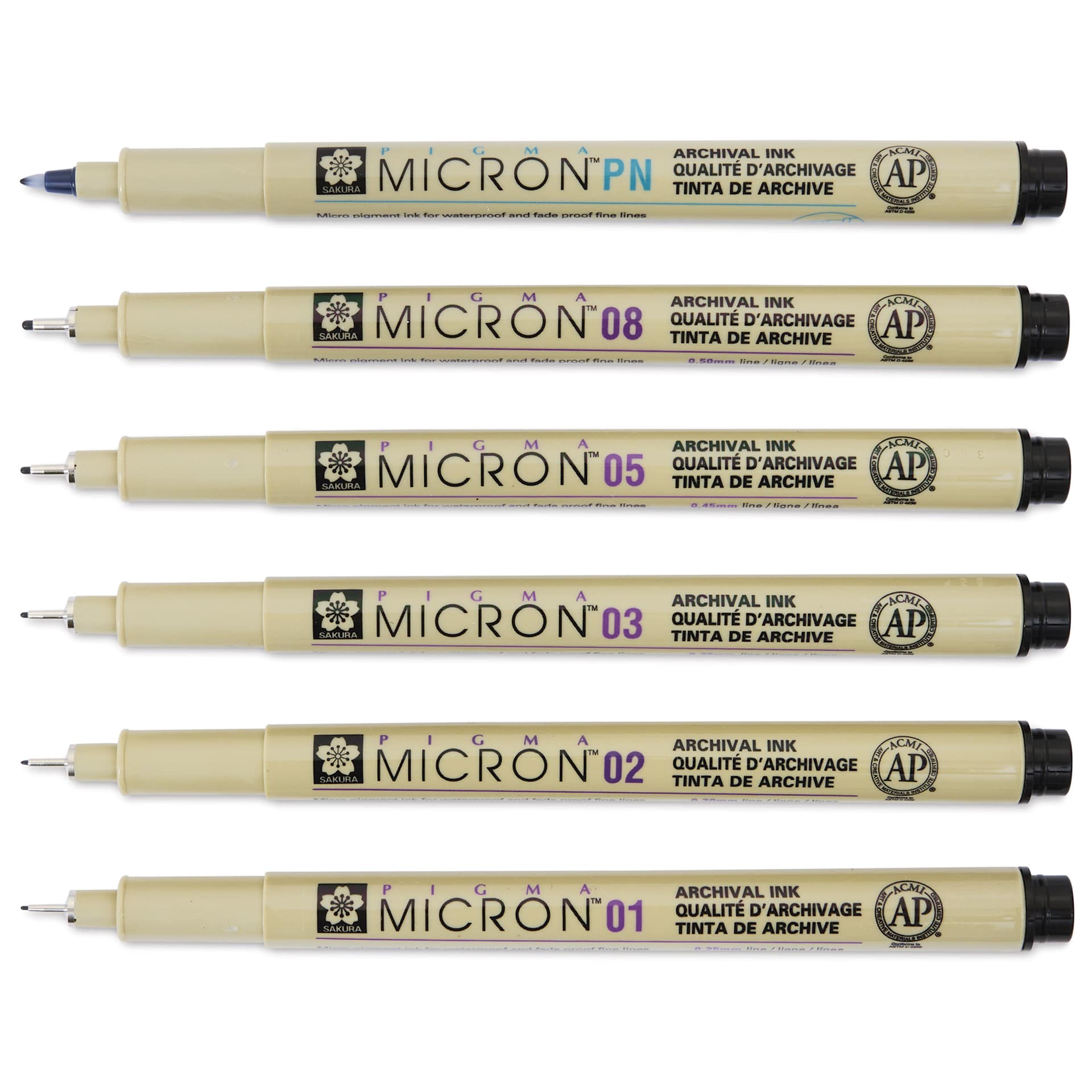 Sakura Pigma Micron Pens - Set of 72, Black, Assorted Sizes, size pens with cap off