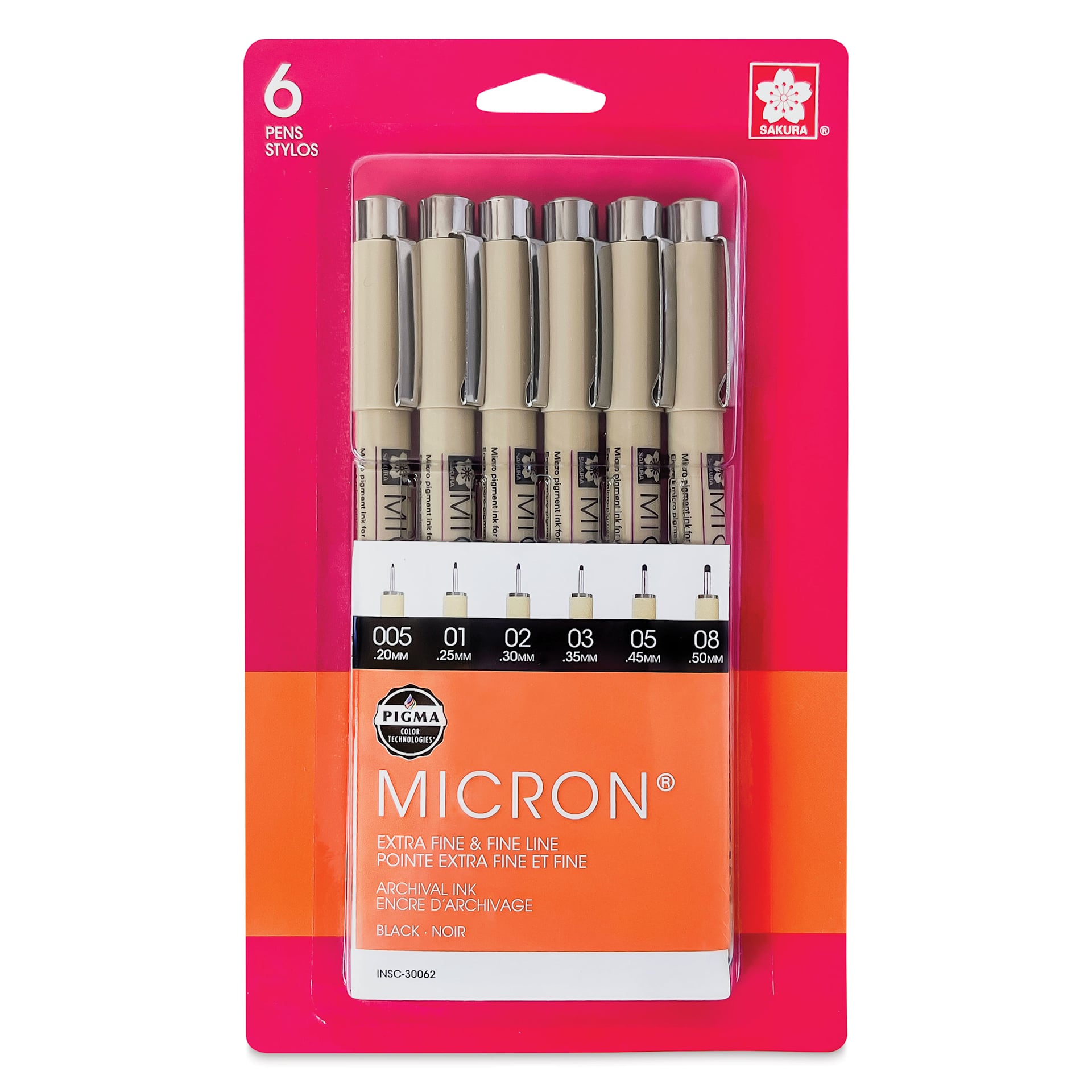 Sakura Pigma Micron Pens - Set of 6, Black, Extra Fine and Fine Sizes, packaging
