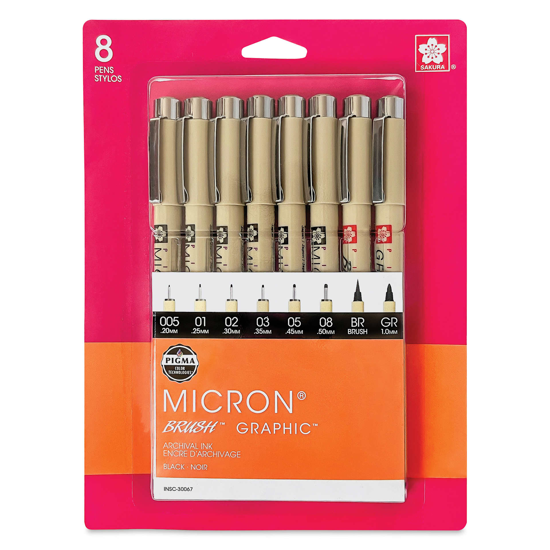 Sakura Pigma Micron, Brush and Graphic Markers - Set of 8, Black, Assorted Sizes, packaging