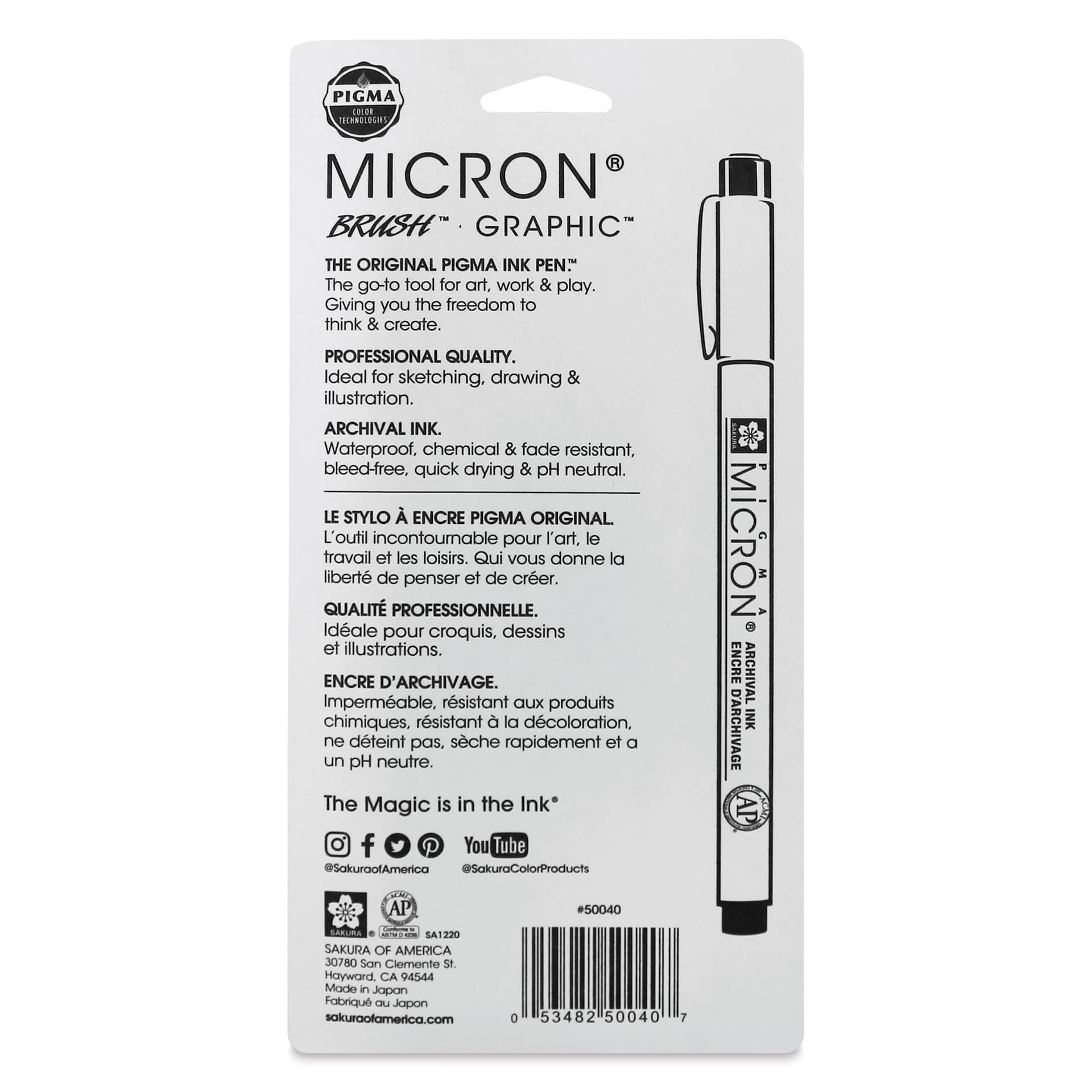 Sakura Pigma Micron, Brush and Graphic Markers - Set of 4, Sepia, Assorted Sizes, back of packaging