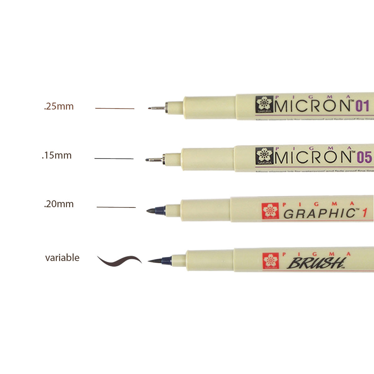 Sakura Pigma Micron, Brush and Graphic Markers - Set of 4, Sepia, showing nib sizes