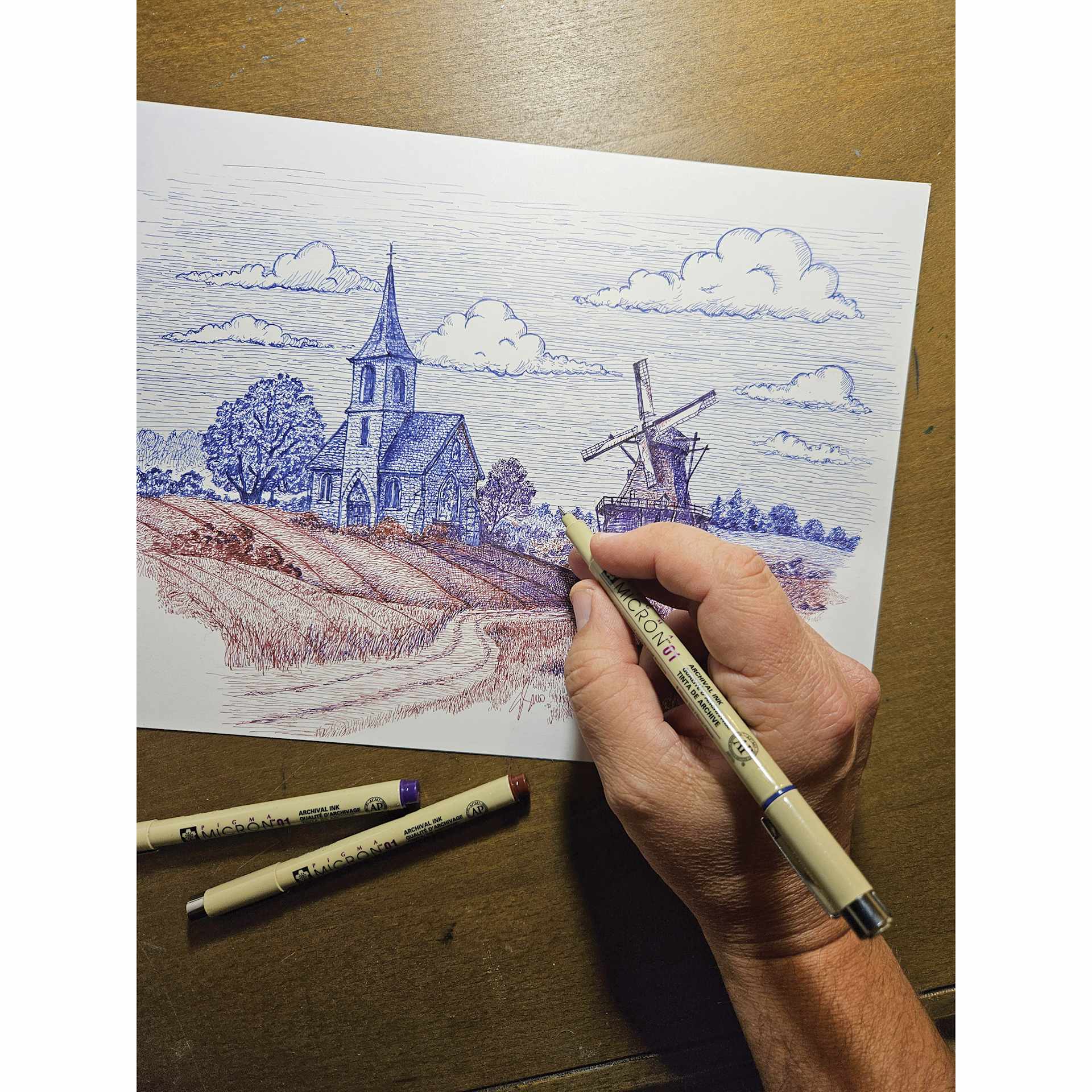 Sakura Pigma Micron, Brush and Graphic Marker, farmstead drawing