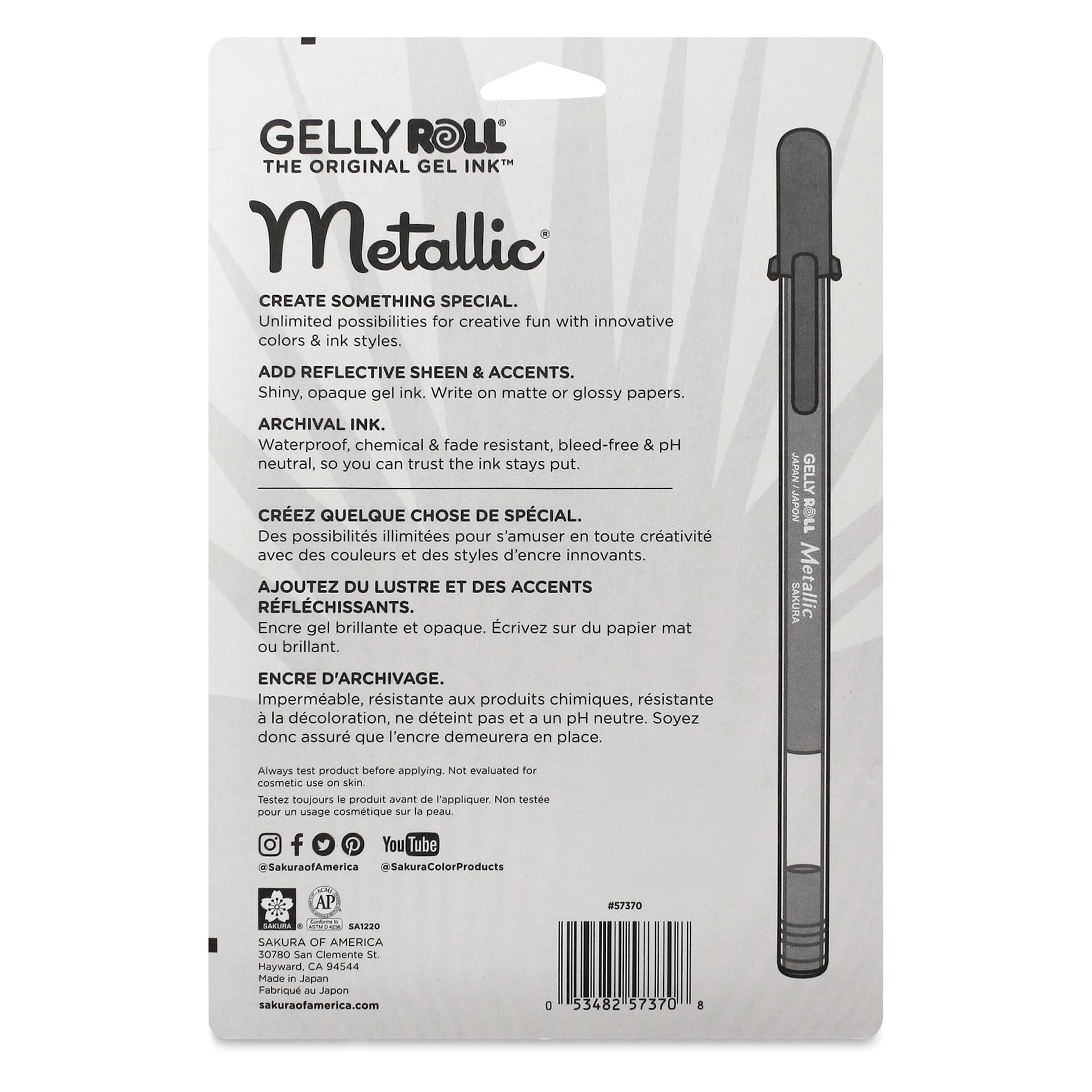 Sakura Gelly Roll Pens - Assorted Metallic Colors, Medium Tip, Set of 10, back of packaging