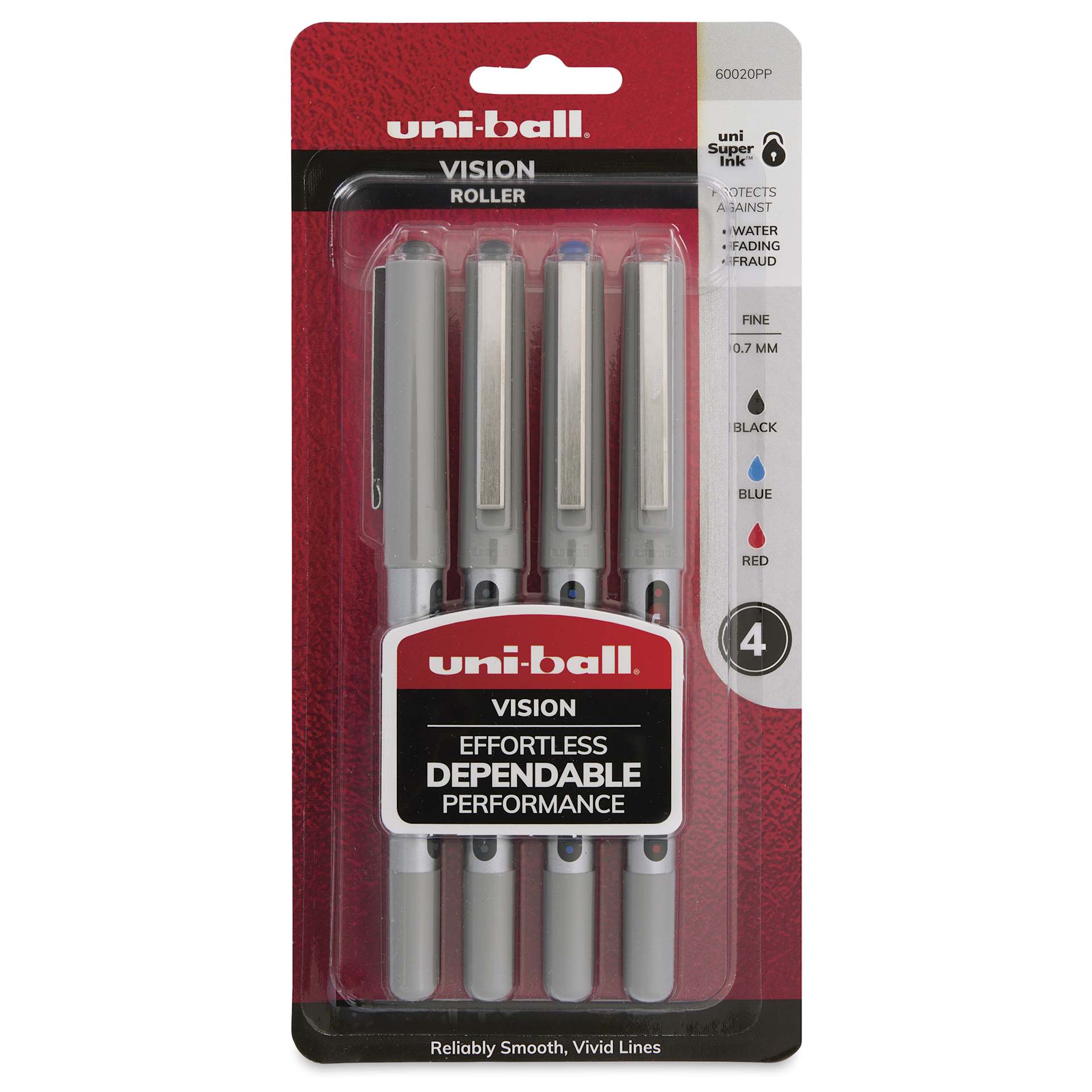 Uni-Ball Vision Rollerball Pen - Assorted Colors, 0.7 mm, Pkg of 4, front of packaging