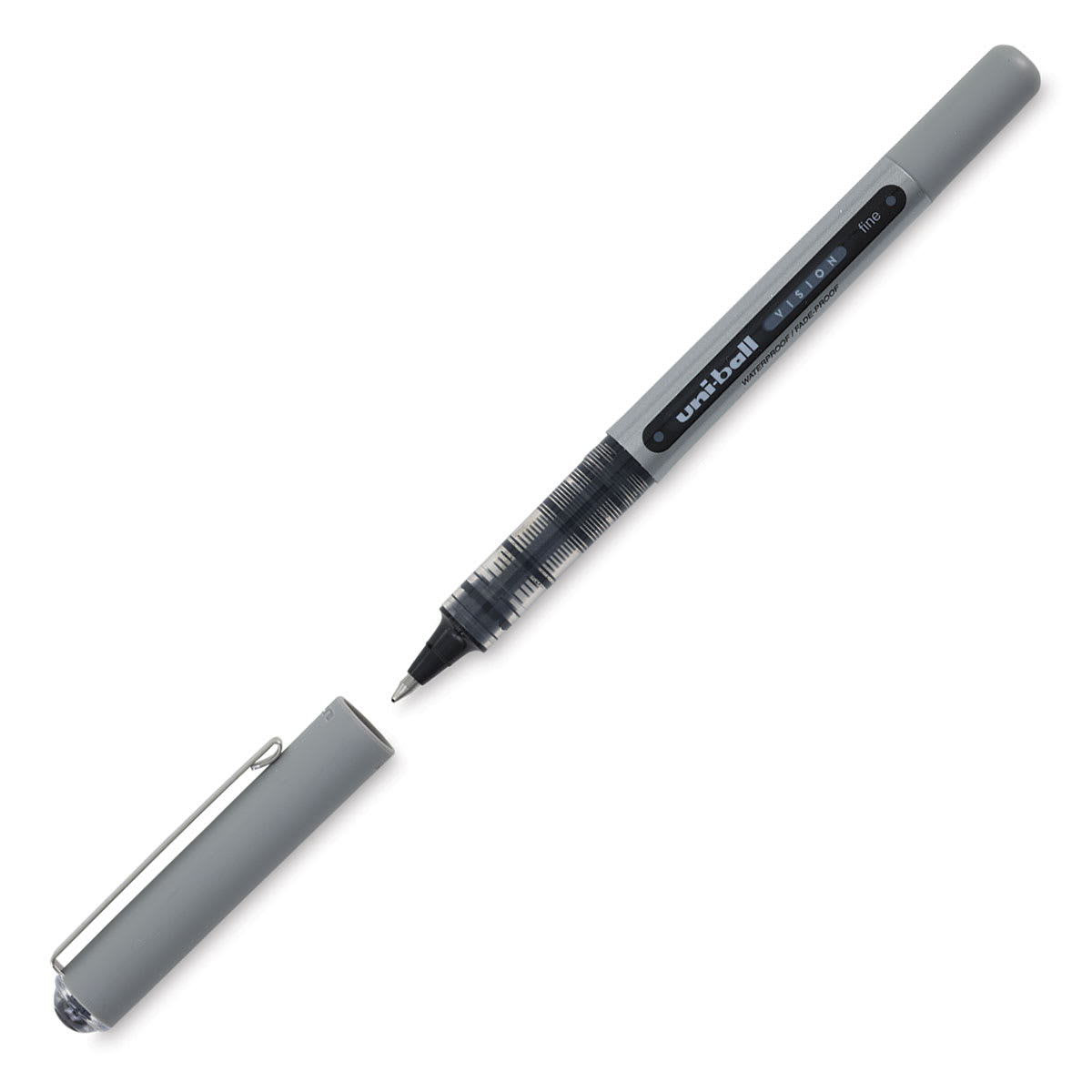 Uni-Ball Vision Pen - Angled view of pen with cap pulled off Uni-Ball Vision Pen - Angled view of pen with cap pulled off