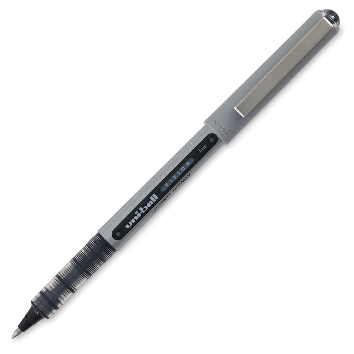 Uni-Ball Vision Pen - Angled view open with cap attached to top of pen Uni-Ball Vision Pen - Angled view open with cap attached to top of pen
