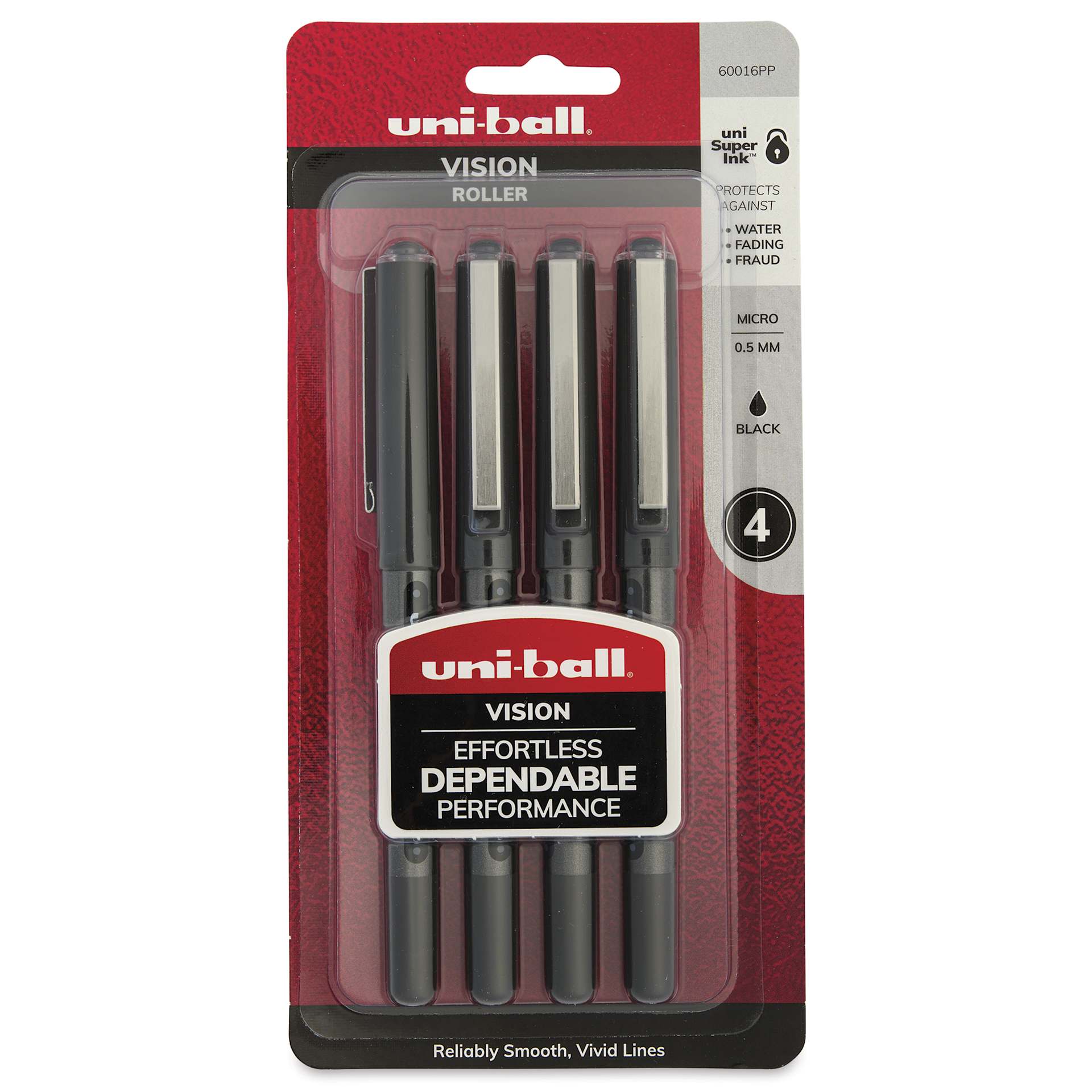 Uni-Ball Vision Rollerball Pen - Black, 0.5 mm, Pkg of 4, front of packaging