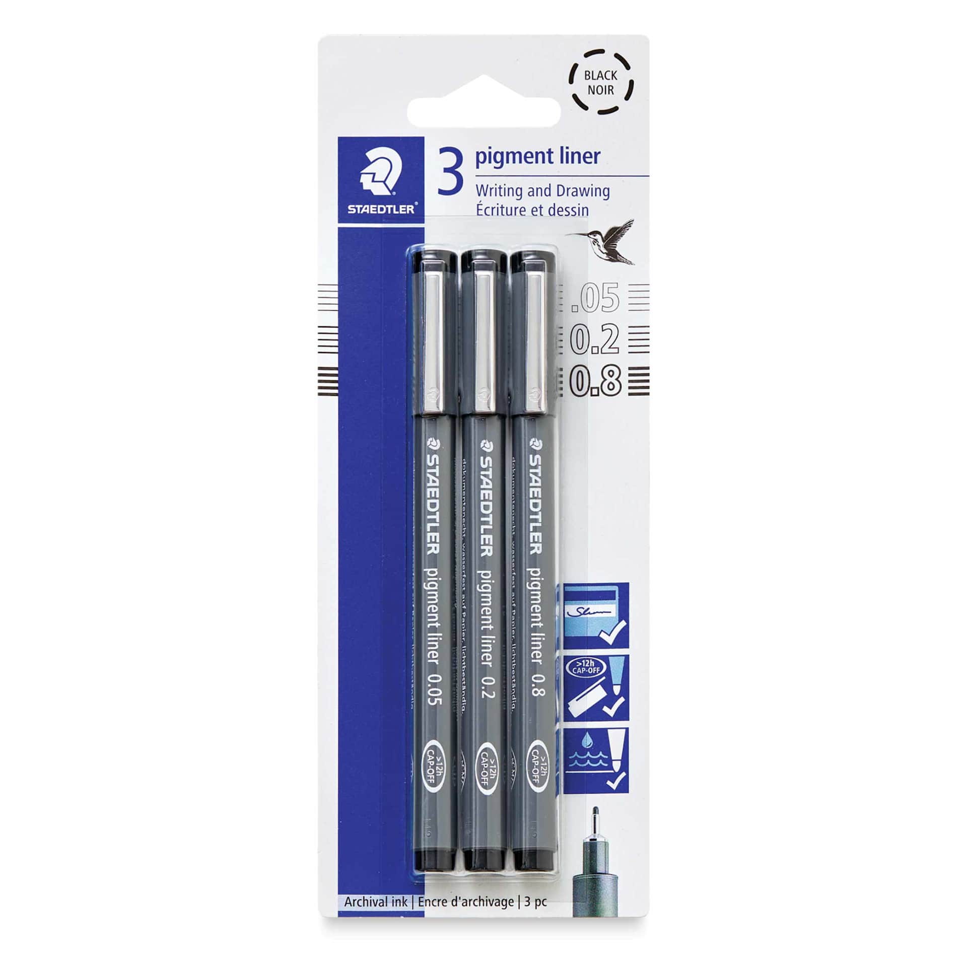 Staedtler Pigment Liner Pens - Set of 3, Black, Fine Tip, Assorted Sizes, front of packaging