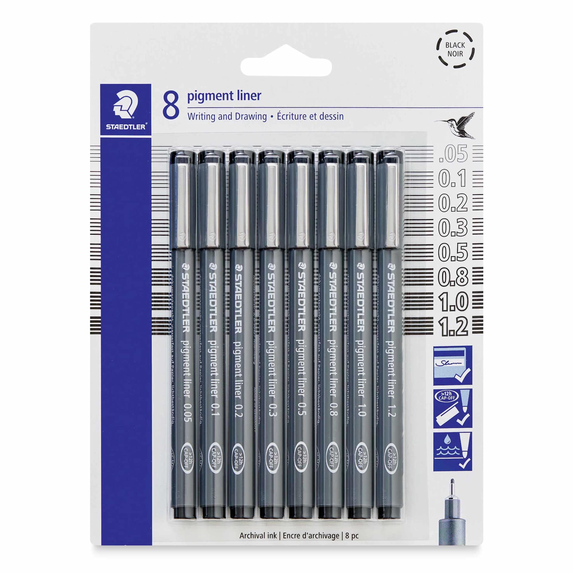 Staedtler Pigment Liner Pens - Set of 8, Black, Chisel and Fine Tip, Assorted Sizes, front of packaging