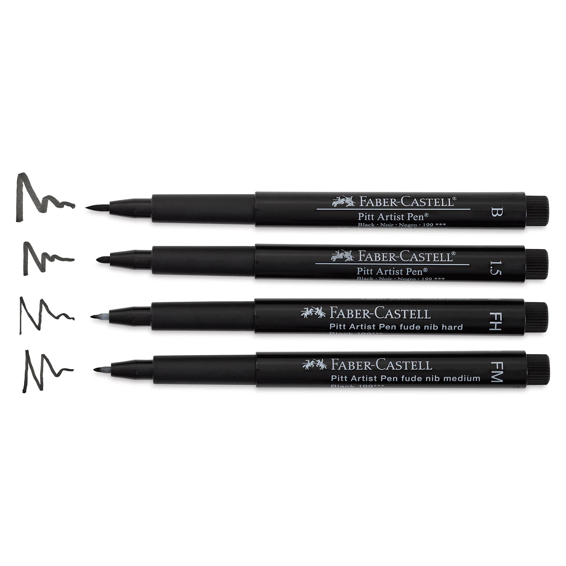 Faber-Castell Pitt Artist Pens - Modern Lettering Set, Black, Set of 4, Assorted Nibs with caps off and nib mark styles