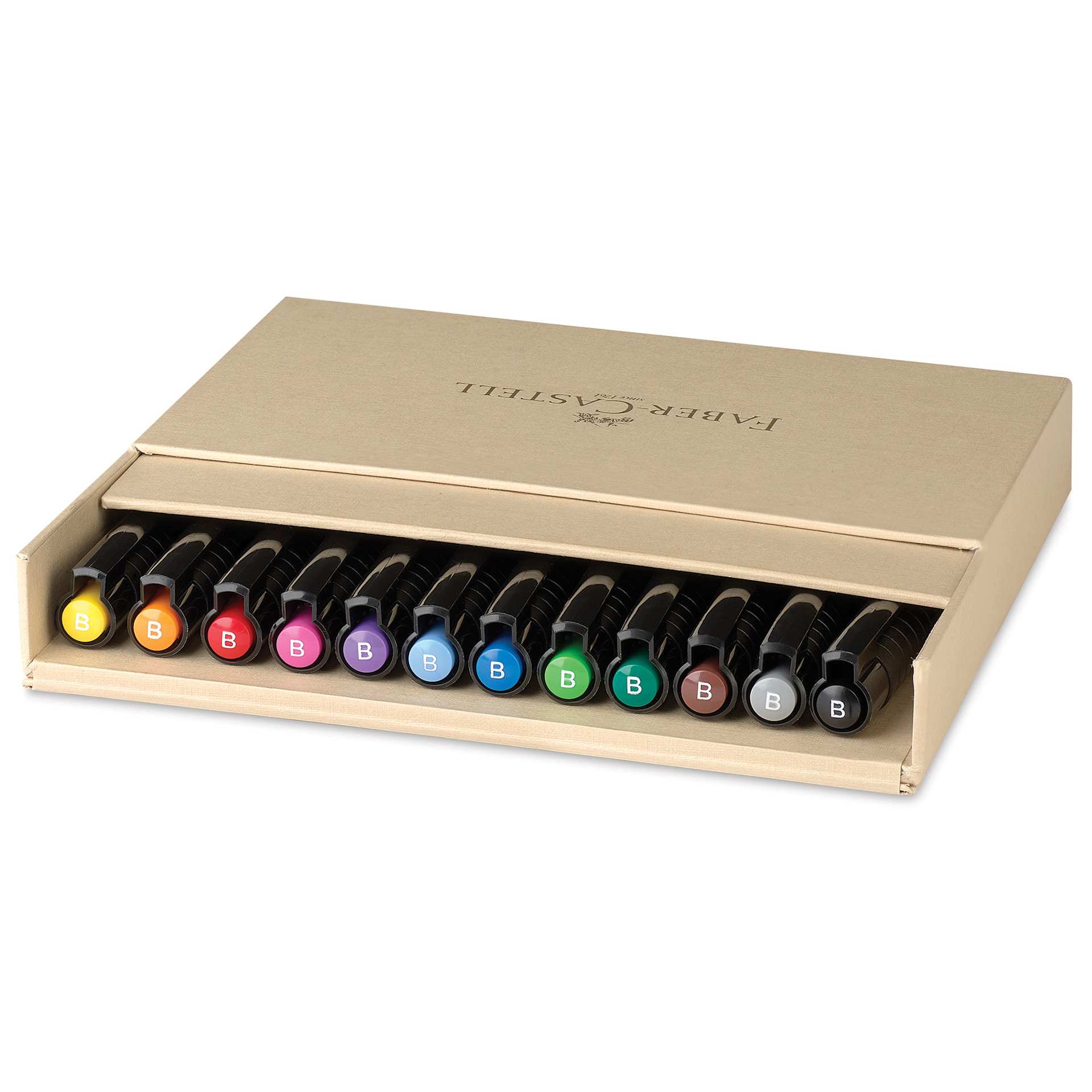 Faber-Castell Pitt Artist Pens - Studio Gift Box, Set of 12, lid open showing marker caps
