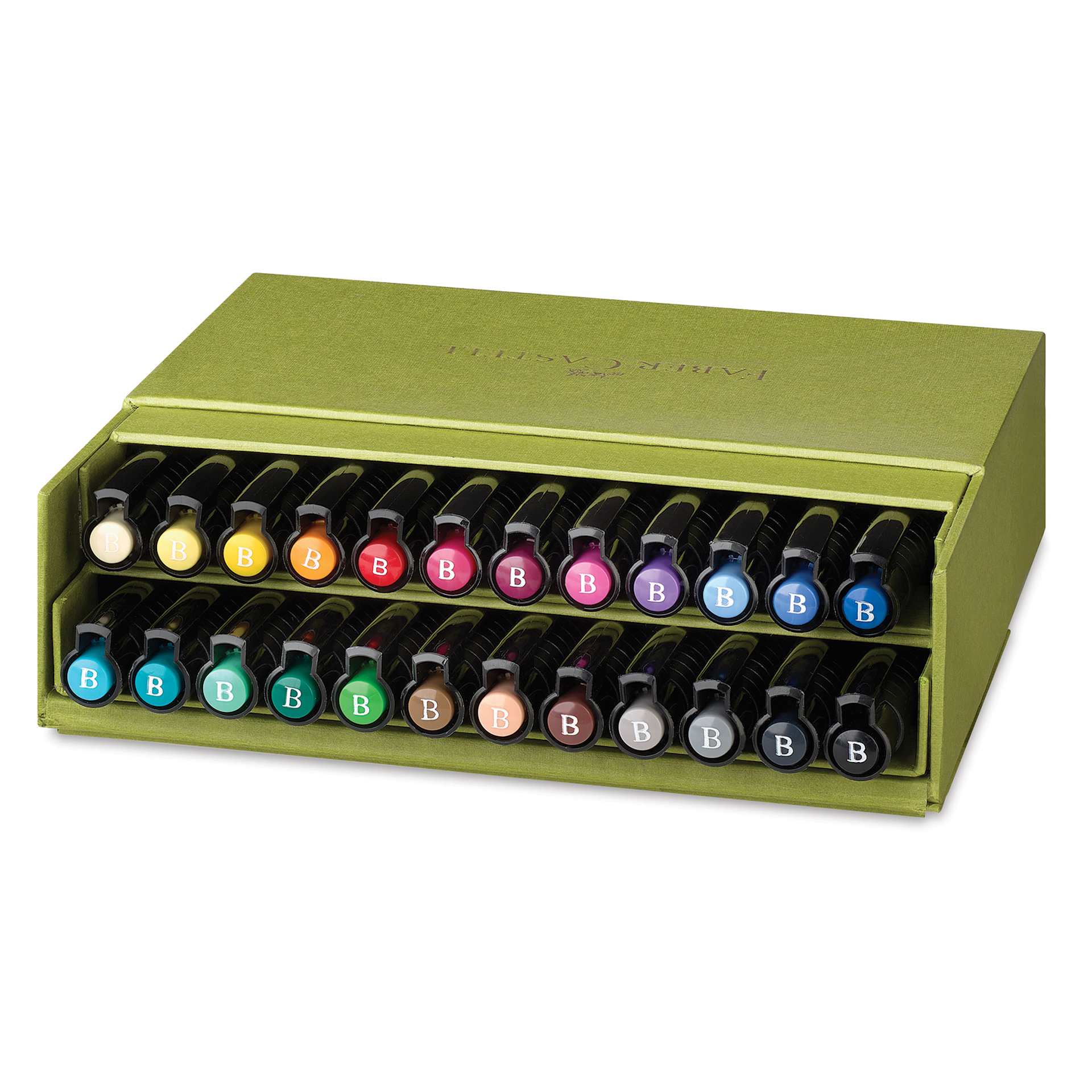Faber-Castell Pitt Artist Pens - Studio Gift Box, Set of 24, lid open showing marker caps