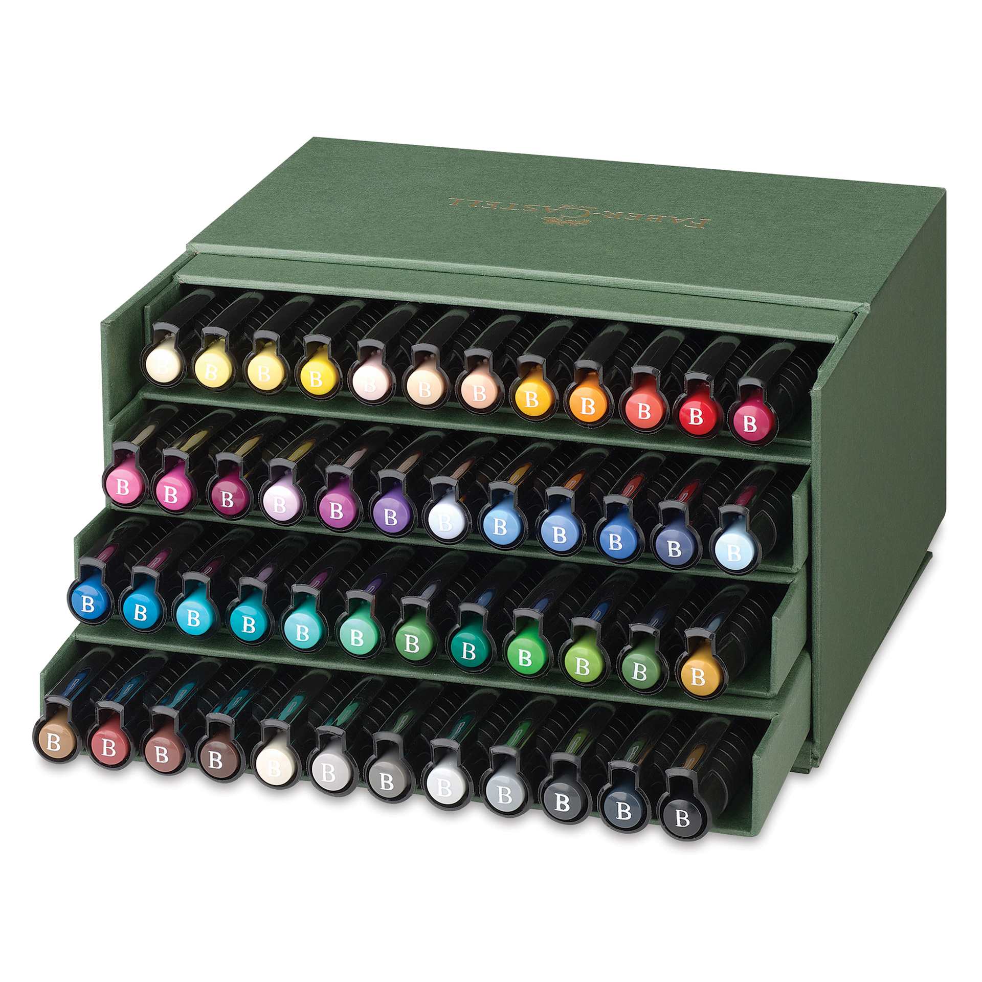 Faber-Castell Pitt Artist Pens - Studio Gift Box, Set of 48, lid open showing marker caps