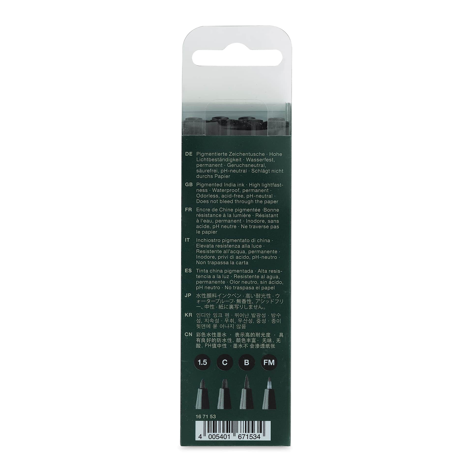 Faber-Castell Pitt Artist Pens- Black, Set of 4, Assorted Nibs, Bold (back of package)