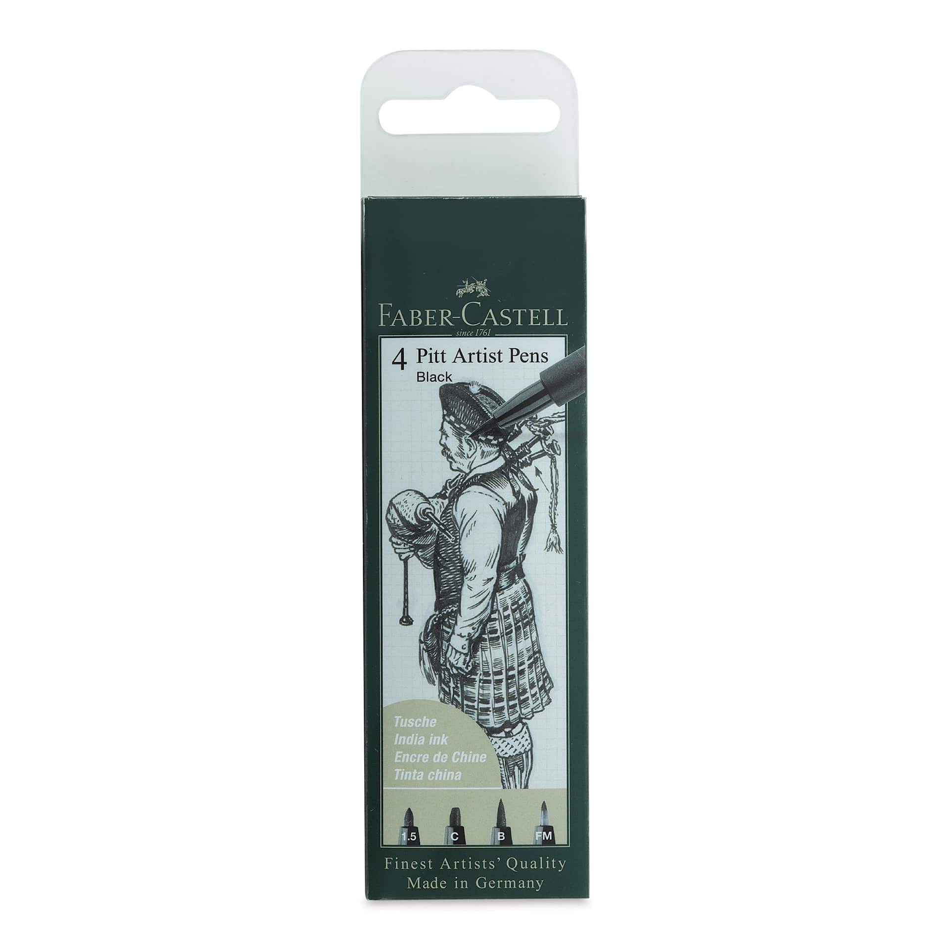 Faber-Castell Pitt Artist Pens- Black, Set of 4, Assorted Nibs, Bold (front of package)