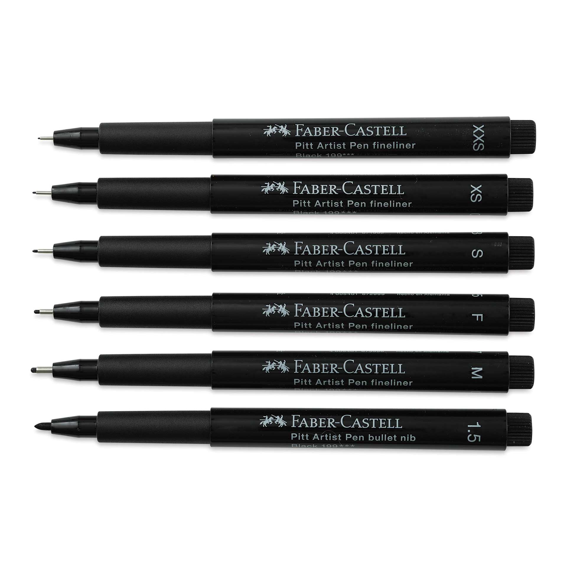Faber-Castell Pitt Artist Pens- Black, Set of 6, Assorted Nibs (included pens with caps off)