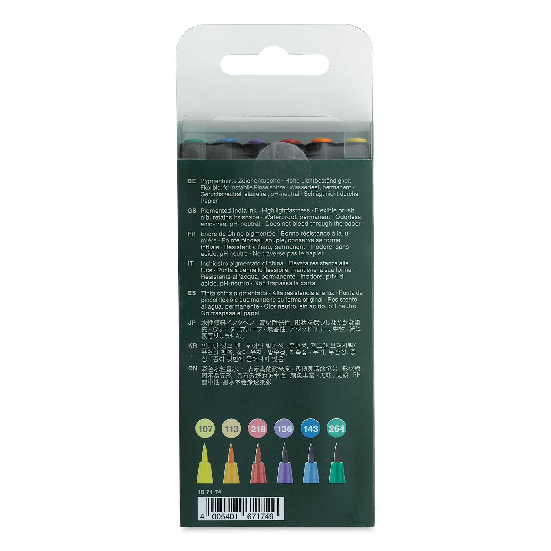 Faber-Castell Pitt Artist Pens- Color Wheel Colors, Set of 6, Brush Nib (back of package)